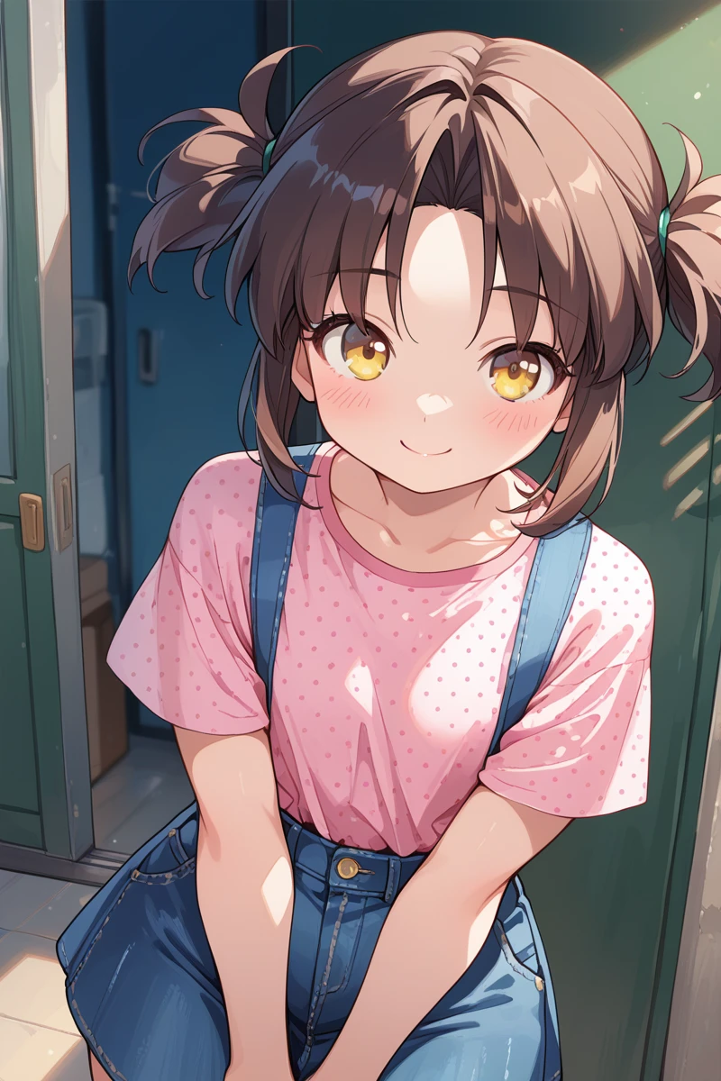 score_9, score_8_up, score_7_up,source_anime, (masterpiece, best quality:1.4),
(shiny skin, glistening skin, shiny body, shiny face:0.6), <lora:add-detail-xl:1>, <lora:Expressive_H:0.6>, expressiveh,
<lora:nayu_mizuhara-07:1>, nayu_mizuhara,
1girl, solo, pink shirt, smile, looking at viewer, shirt, skirt, blush, polka dot, twintails, brown hair, short twintails, short sleeves, polka dot shirt, bangs, parted bangs, short hair, yellow eyes, closed mouth, suspenders, collarbone, denim, indoors, cowboy shot, sidelocks, (plump:0.2)