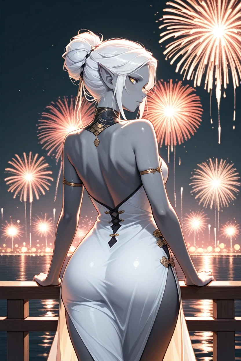 Loona, ice queen, near the railing, mansion, full body, anthro, wolf, e621, Furbooru, light gray eyes, piercing and beautiful eyes, detailed and beautiful face, long white wavy hair, tall, slightly muscular, long white dress, long dress cape, silver detailed crown, New Year, fireworks, Paris city view, Eiffel tower at distance, France, smiling, looking at viewer, wide view, solo, beautiful, extremely detailed, very high quality, 4K, 8K, HDR, RAW