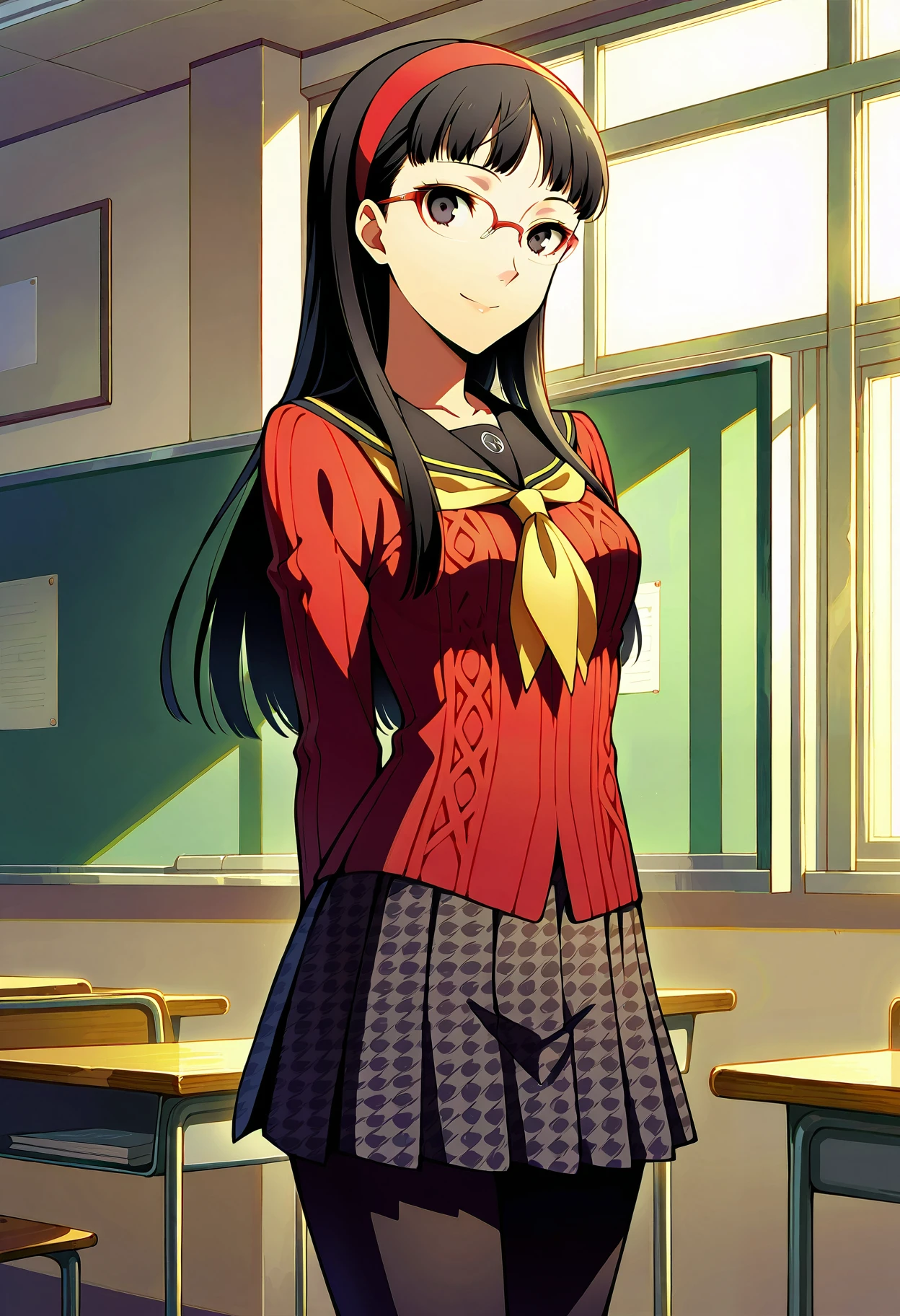 (masterwork, masterpiece, best quality, hyper-detailed :1.2),
1 girl, solo, cute face,
p4yukiko, amagi yukiko, long hair, black hair, bangs, hairband, glasses, red-framed eyewear
p4yukiko-winuni, yasogami school uniform, school uniform, sweater, red sweater, skirt, pleated skirt, houndstooth, pantyhose, black pantyhose,
classroom, standing, looking at viewer, smile, hands behind back, cowboy shot,