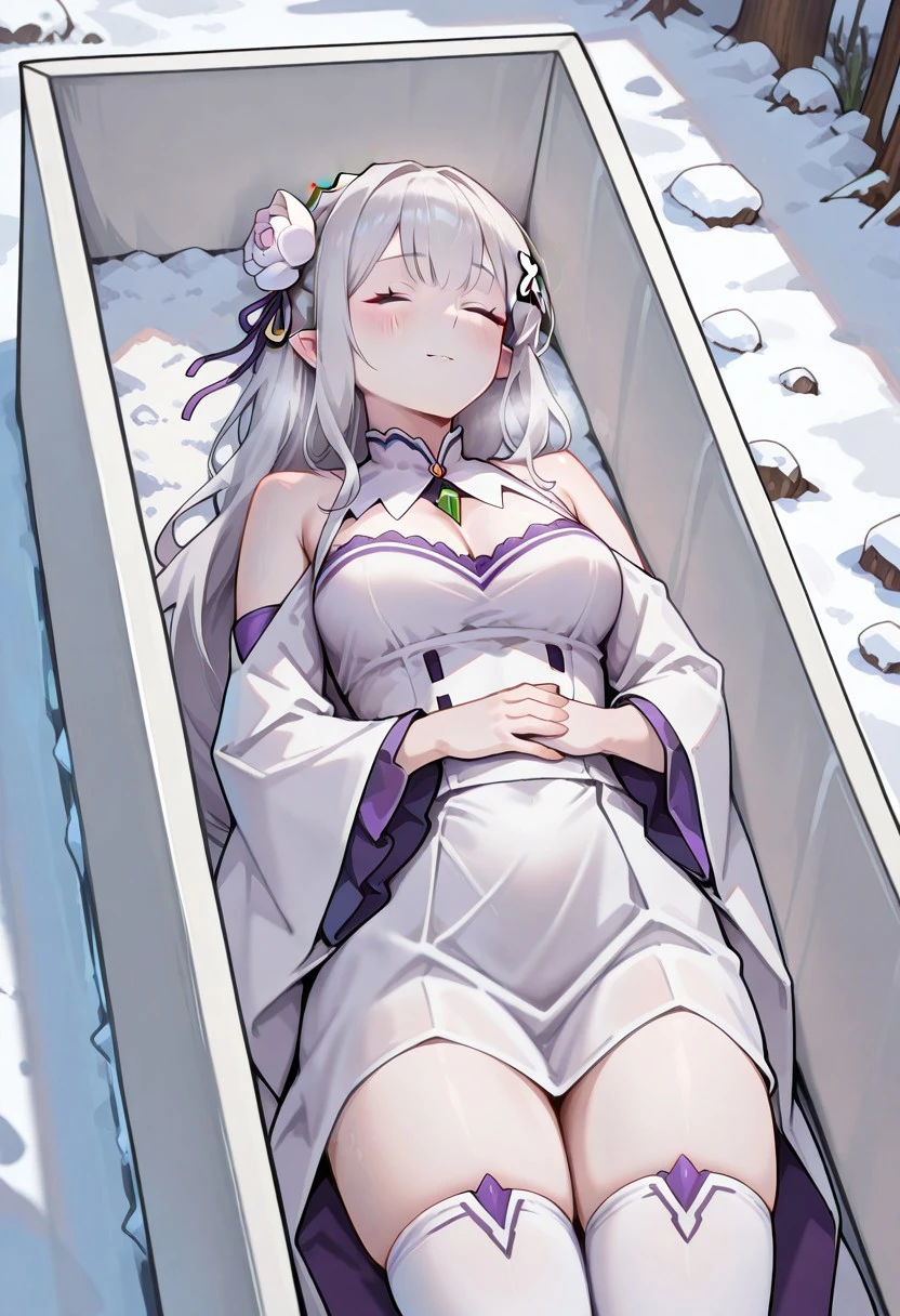 masterpiece, best quality,whitecoffin,1girl,lying,own _hands_clasped,closed eyes,dutch angle
winter,snow,ice coffin,white skin,nsfw
shimilia, long hair, grey hair, purple eyes, pointy ears, crown braid, hair flower, hair ribbon, purple ribbon, x hair ornament, white dress, bare shoulders, wide sleeves, white thighhighs,