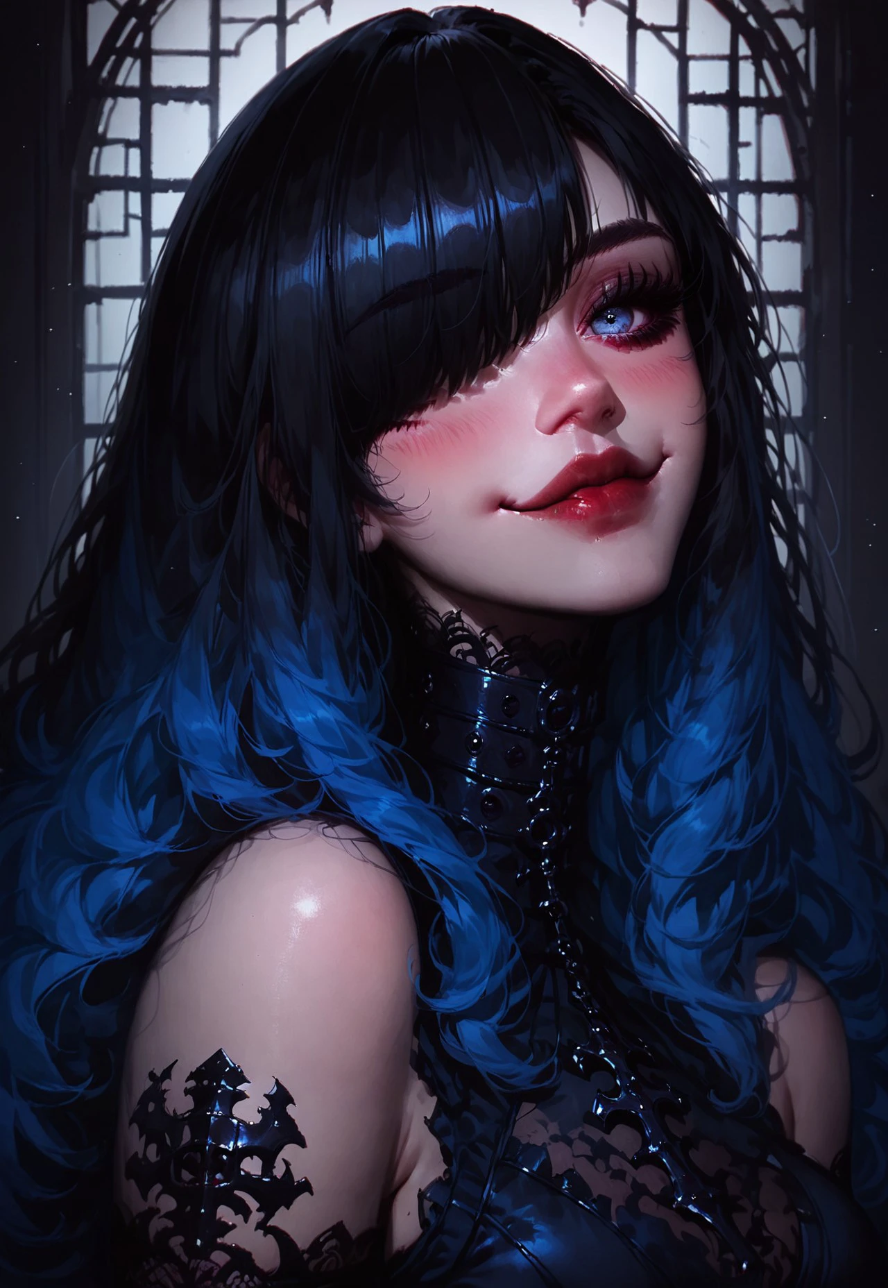 safe_pos, score_9, score_8_up, score_7_up, score_6_up, gothic_style, gothic girl, goth girl, NeonGothicFangGirl,
rating_safe, 1girl, solo, long hair, breasts, looking at viewer, blush, smile, bangs, blue eyes, large breasts, black hair, closed dress, gloves, dress, bare shoulders, closed mouth, blue hair, upper body, multicolored hair, elbow gloves, hair over one eye, collar, lips, gradient hair, red lips,