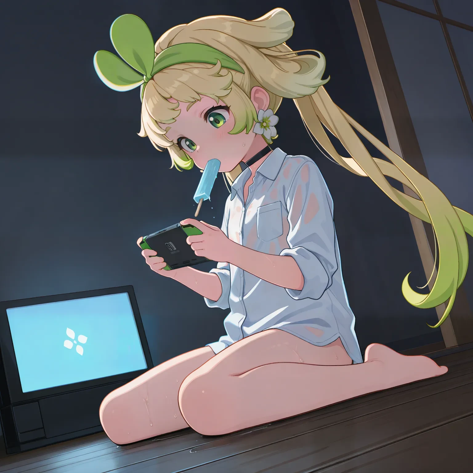 masterpiece, best quality, absurdres, high quality, wooden floor, grey wall, on ground, (dark:1.2), solo, dutch angle, full body, sitting, wariza, popsicle in mouth, eating, looking down, holding handheld game console, (underlighting:1.2), blue light, wet,
<lora:verina:0.9> aged down, blonde hair, twintails, hair rings, gradient hair, green hair, hairband, green eyes, flower earrings, black choker, collared shirt, naked shirt, sleeves rolled up, bottomless,