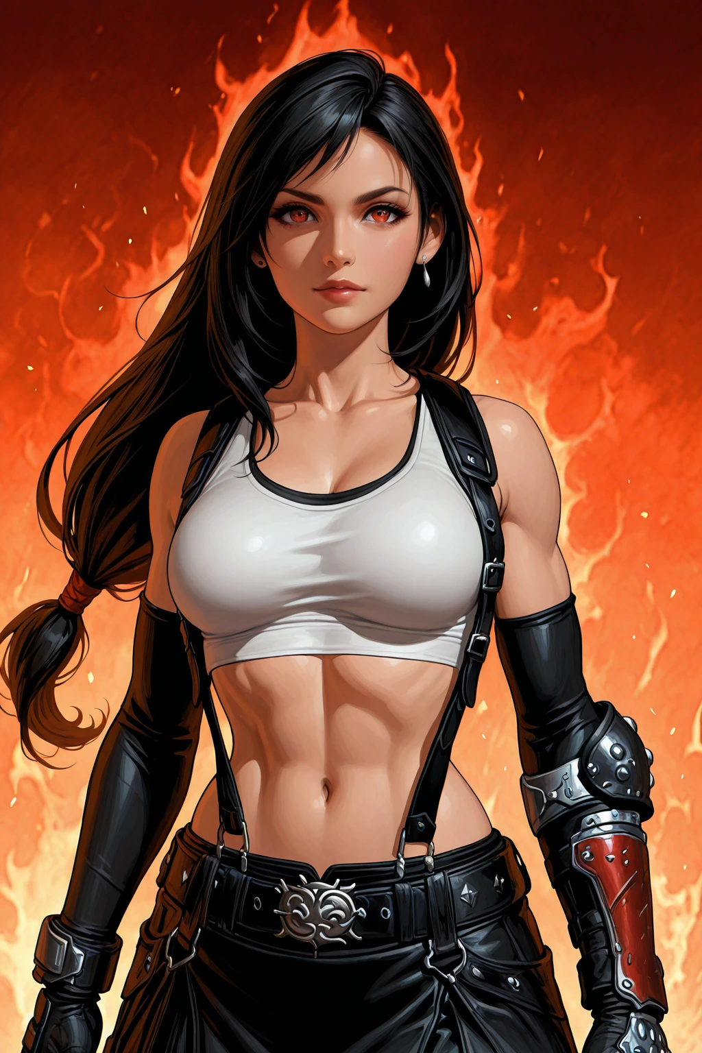 masterpiece, good quality, best quality, very awa, very as2, absurdres, highres
<lora:Tifa LockhartilluLora:1>tfalckhrt, OG, long hair, straight hair, low-tied long hair, swept bangs, dangle earrings, black tank top under clothes, white Sports bra , suspenders, bare shoulders, single arm guards, single elbow pads, elbow gloves, fingerless gloves, belt, midriff, suspender skirt
<lora:80FantasyStyleilluLYCO:0.9> fantastyle, hellfire aura