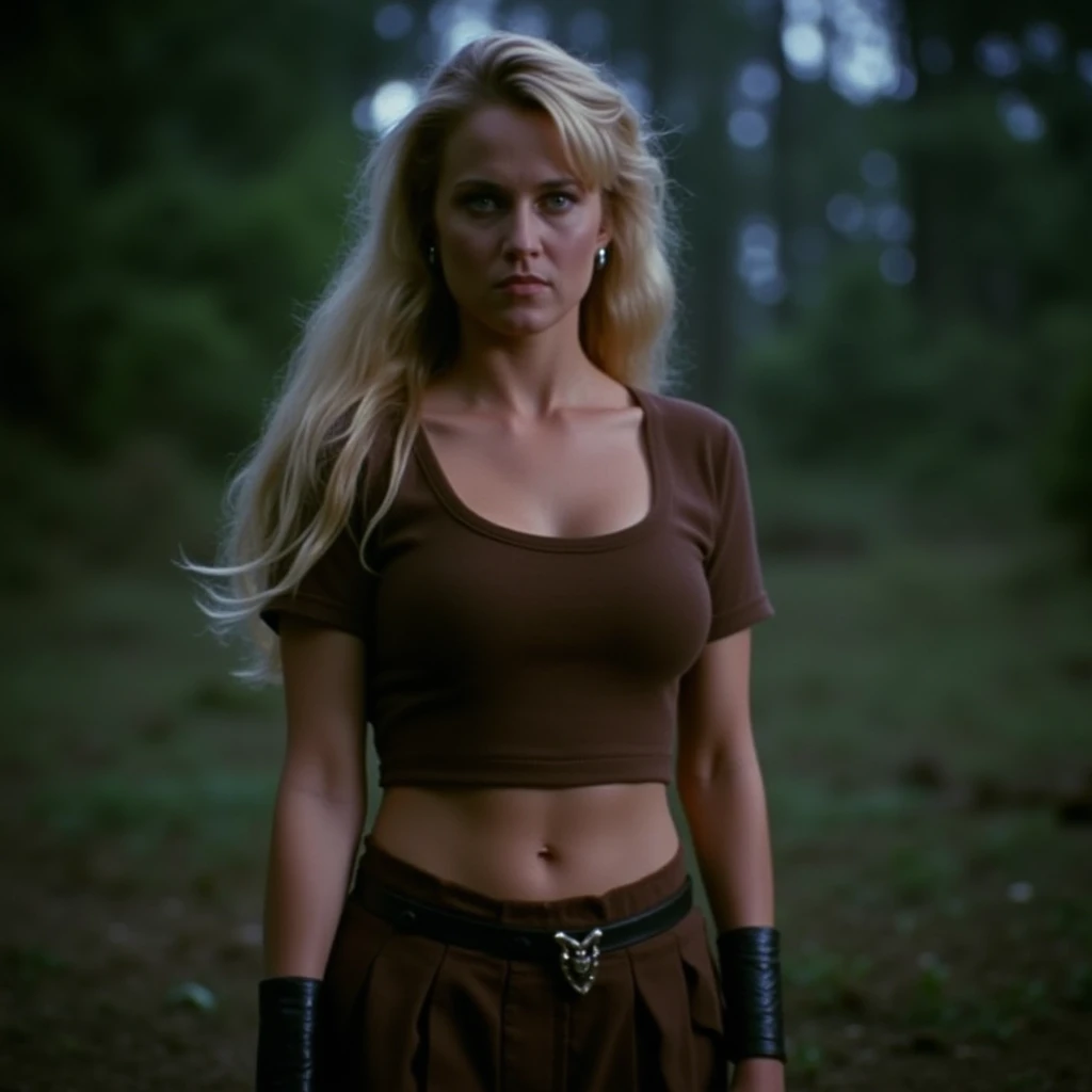 cinematic film still of <lora:cartoon Xena Warrior Princess comic style v1:0.9>
Ancient realistic Gabrielle a serious woman in a brown top and brown pants, perfect image, perfect body, perfect anatomy, sharp image, detailed image, high quality image, solo, long hair, looking at viewer, blue eyes, skirt, blonde hair, navel, weapon, midriff, belt, blurry, blurry background, crop top, holding, closed mouth, holding weapon, photorealistic, Gabrielle style, shallow depth of field, vignette, highly detailed, high budget, bokeh, cinemascope, moody, epic, gorgeous, film grain, grainy