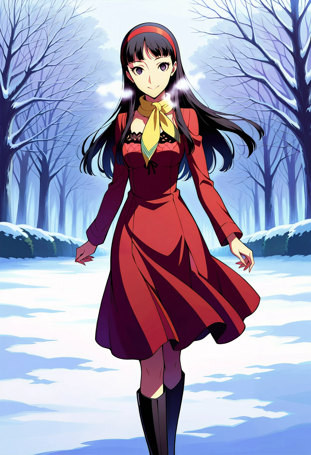 (masterwork, masterpiece, best quality, hyper-detailed :1.2),
1 girl, solo, cute face,
p4yukiko, amagi yukiko, long hair, black hair, bangs, hairband,
p4yukiko-wincas, dress, red dress, long sleeves, neckerchief, knee boots,
outdoors, park, trees, snow, foggy breath, snow, looking at viewer, smile,
