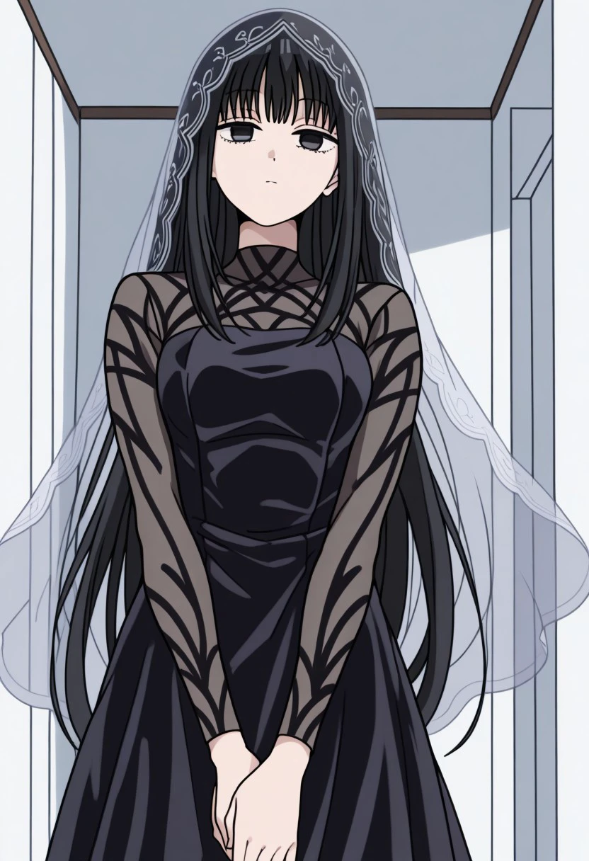 masterpiece, best quality, cowboy shot, anime style, anime screencap, anime coloring, flat colors, solo, 1girl, osaragi, osaragi (sakamoto days), black hair, long hair, black eyes, veil, black dress, white background, no pose, holding hands together, looking at viewer, emotionless, beautiful eyes,
<segment:yolo-Anzhc Face seg 640 v2 y8n.pt,0.4,0.5//cid=1>