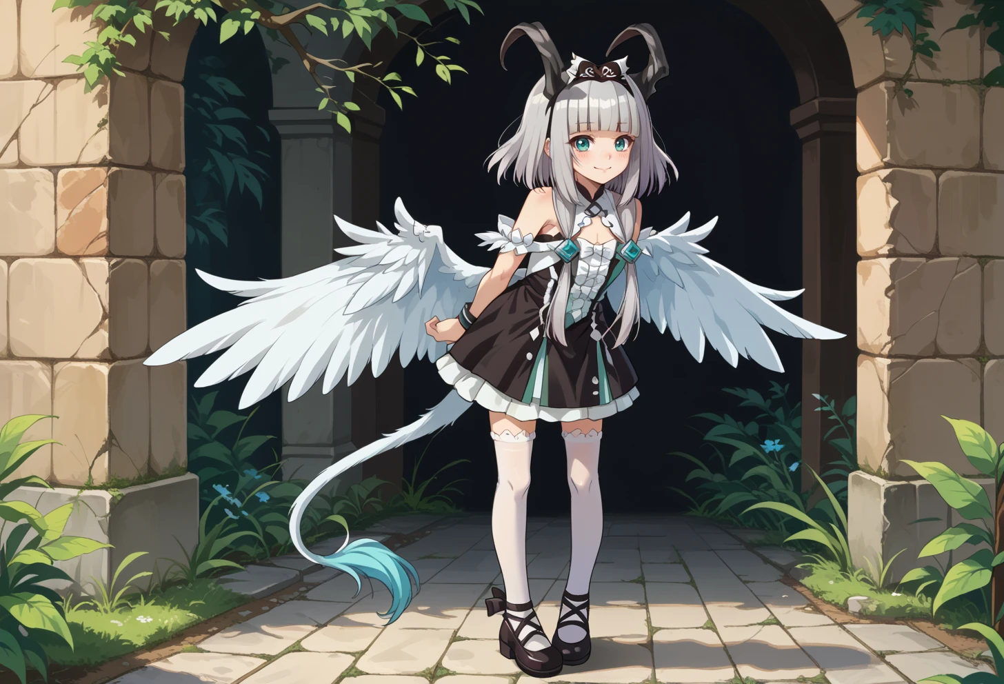 score_9, score_7_up, source_anime, BREAK solo, <lora:AEVentuswill (2):0.8> AEVentuswillHu, teal eyes, grey hair, blunt bangs, short hair with long locks, black horns, tail, White wings, hairband, bare shoulders, black dress, white thighhighs, black footwear,
arms behind back, leaning forward, smile, full body, wrist extended,