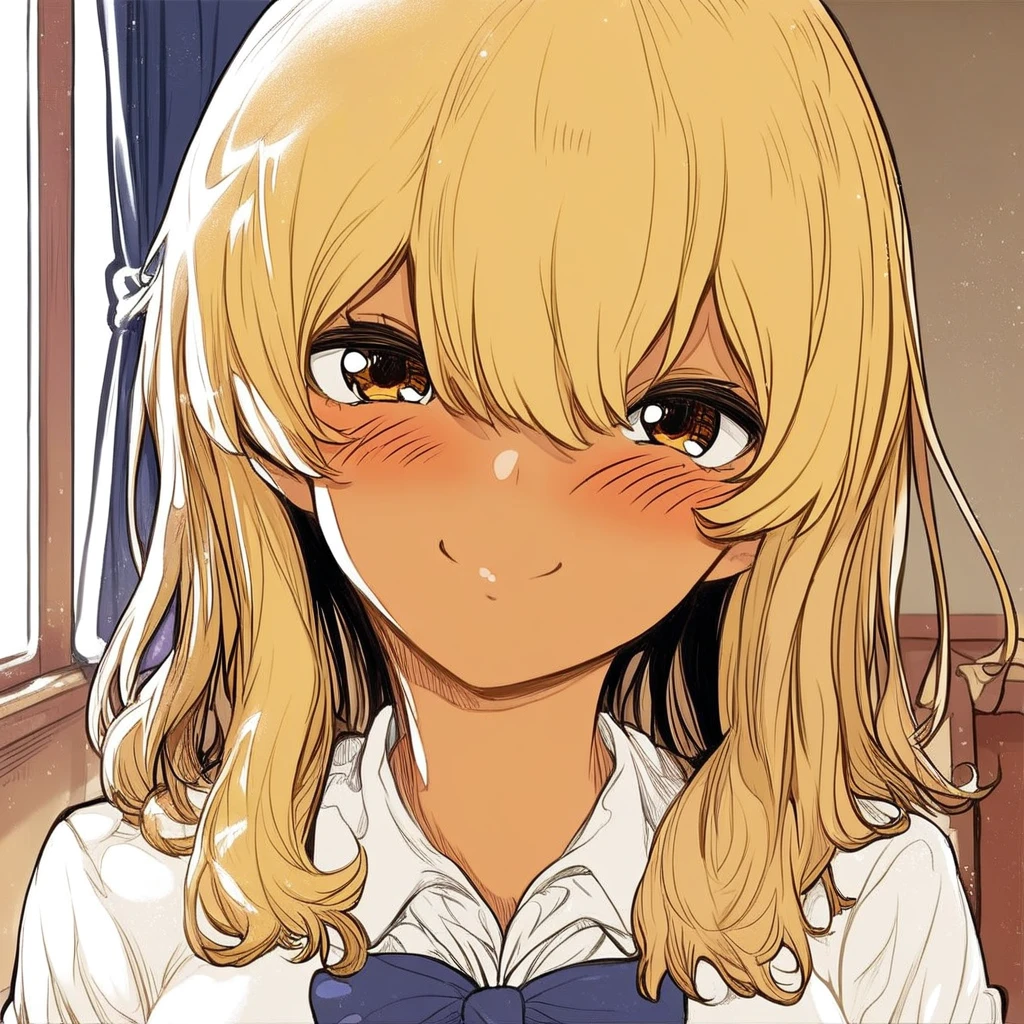 score_7_and_up, masterpiece, high quality, kana_higa, blonde hair, amber eyes, tan skin, school uniform, portrait, front view, seductive smile, blush, head tilt, inside, source_manga