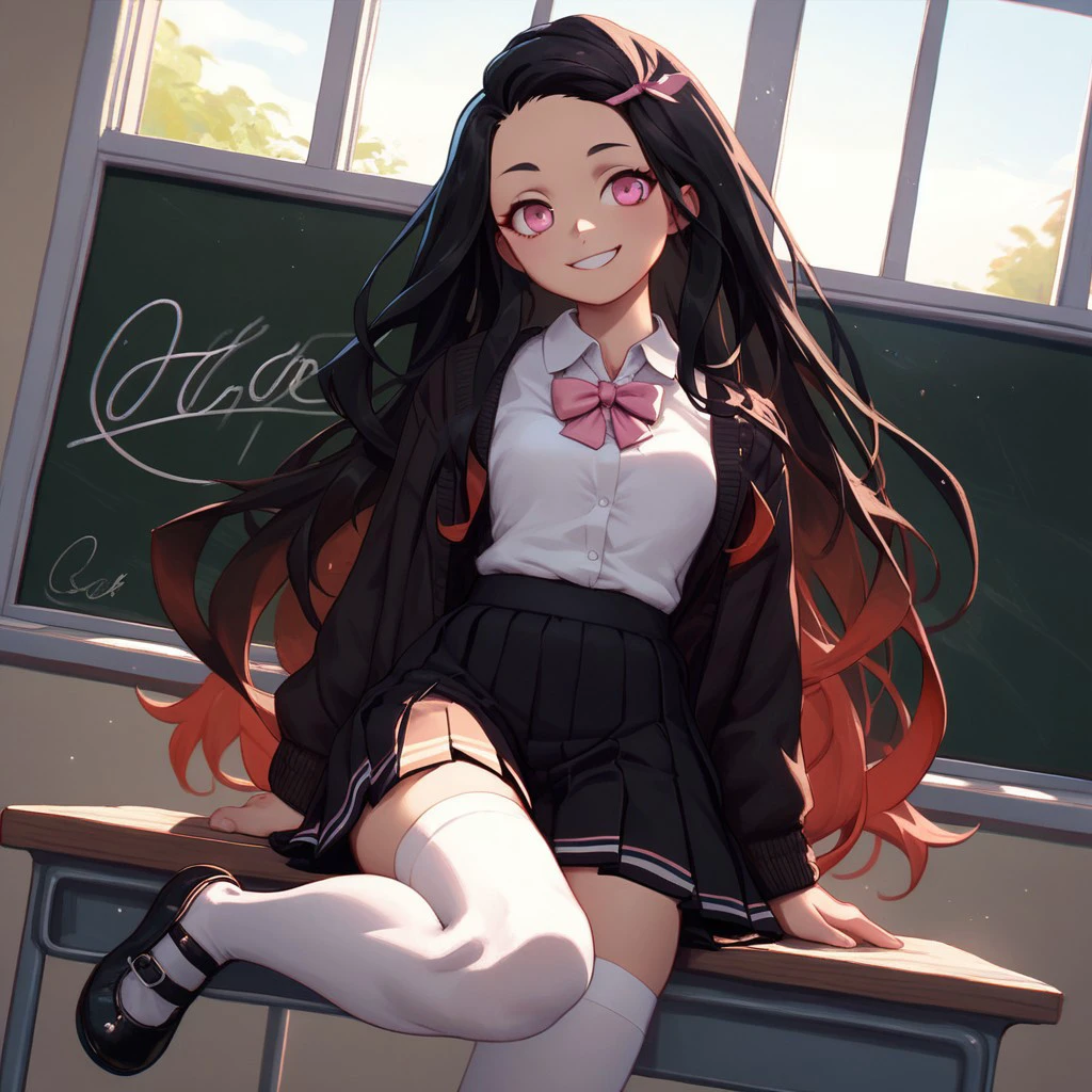 score_9, score_8_up, score_7_up, 1girl, solo, gradient hair, black hair, very long hair, pink eyes, scholar outfit, white shirt, black pleated skirt, white thighhighs, black shoes, classroom, window, sunny day, smile, sun light, chalkboard