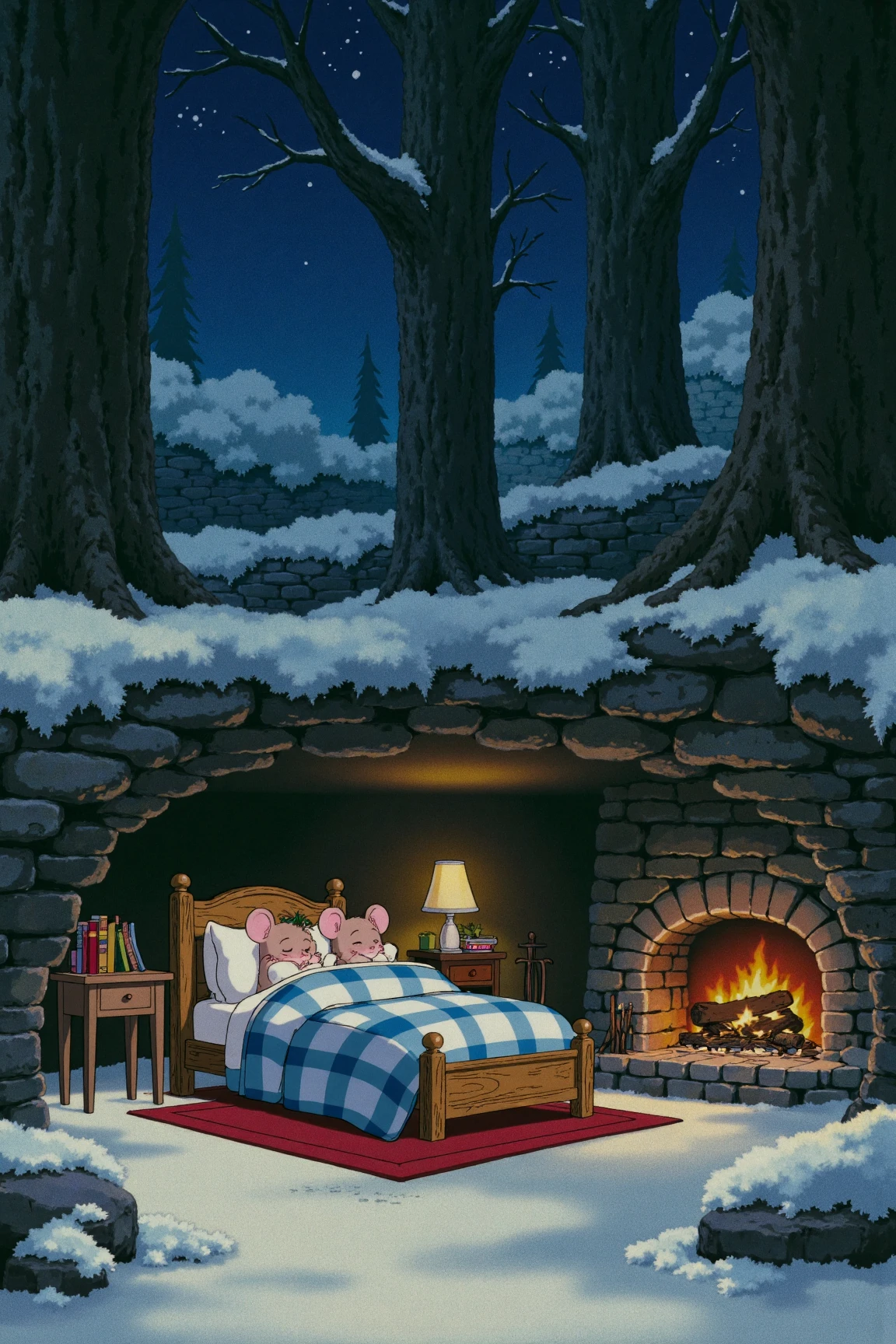 a ghibli style image a cozy underground scene featuring a couple of married mice sleeping peacefully in a wooden bed, covered with a blue-and-white checkered blanket. The mouse's home appears to be a burrow beneath a snow-covered forest. Inside the burrow, there is a warm, inviting fireplace made of stones, with flames burning brightly. Next to the bed is a small nightstand with books and a lamp, and a red rug decorates the floor. Above ground, large trees stand tall against a starry night sky, while snow blankets the landscape, creating a serene, wintery atmosphere. The scene feels calm, warm, and comforting.