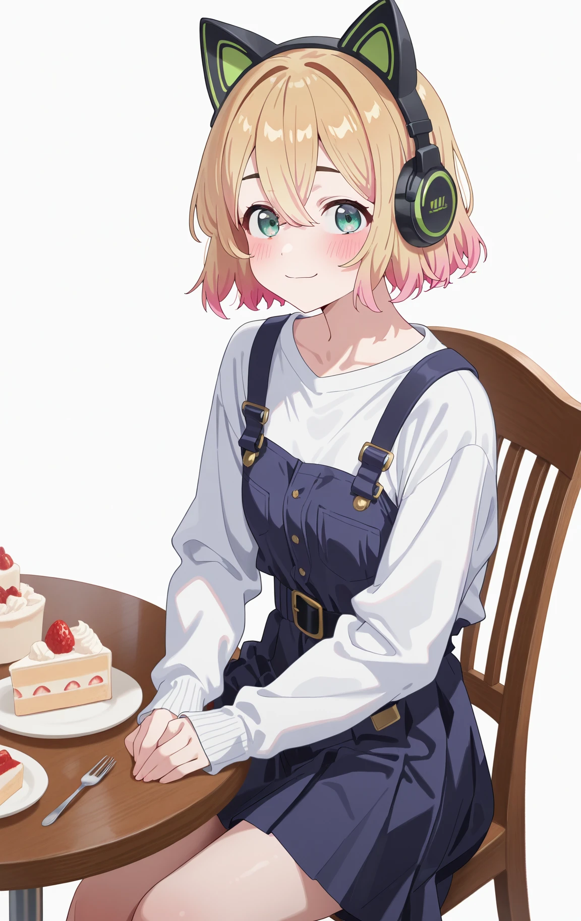 NanamiMamiCYQL,1girl,solo,blonde hair,short hair,multicolored hair,pink hair,gradient hair,hair between eyes,green eyes,
cake, fake animal ears, sitting, animal ears, headphones, food, looking at viewer, long sleeves, table, blush, smile, animal ear headphones, closed mouth, fork, chair, skirt, cake slice, dress, sleeves past wrists, white background, simple background, belt, shirt, cat ear headphones, plate, fruit,
<lora:748cmSDXL:0.5>,<lora:illustrious_quality_modifiers_masterpieces_v1:0.8>,<lora:EtherSDXL:0.5>,748cmstyle,EtherStyle,<lora:detailer_v5:0.5>,detailerlora,<lora:NanamiMamiCYQL:1>,
masterpiece,best quality,amazing quality,very aesthetic,absurdres,newest,