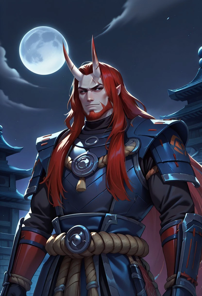 masterpiece, best quality, newest, absurdres, highres, anime, anime style, Dramatic-Moonlight-IL-V1.0, Dramatic light, Moonlight, moon, 1boy, white skin, white colored skin, pale skin, horns, oni, oni horns, beard, facial hair, red hair, long hair, armor, scar, scar on face, black eyes,