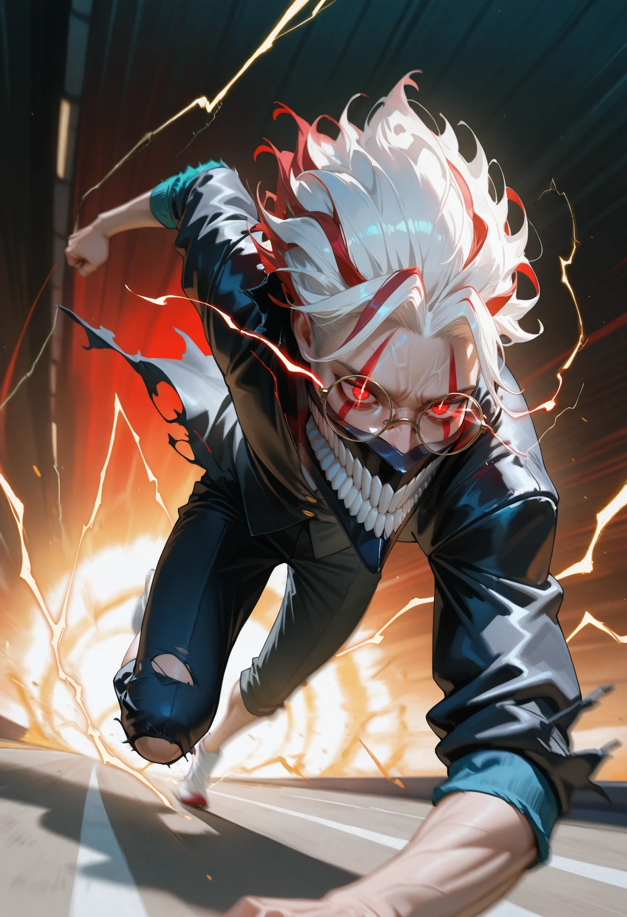 masterpiece, best quality, realistic,
1boy, solo,
<lora:superspeed running [IL]:0.5> superspeed, running, electricity, motion blur, light trail, ||  glowing eyes, eye trail
<lora:Okarun Dandadan [IL]:0.8> okarun, 1boy, solo, male focus, red eyes, glasses, white hair, mask, teeth, long sleeves, multicolored hair, red hair, round eyewear, || rolled up sleeves, school uniform, torn clothes, black jacket, long jacket, pants, torn pants