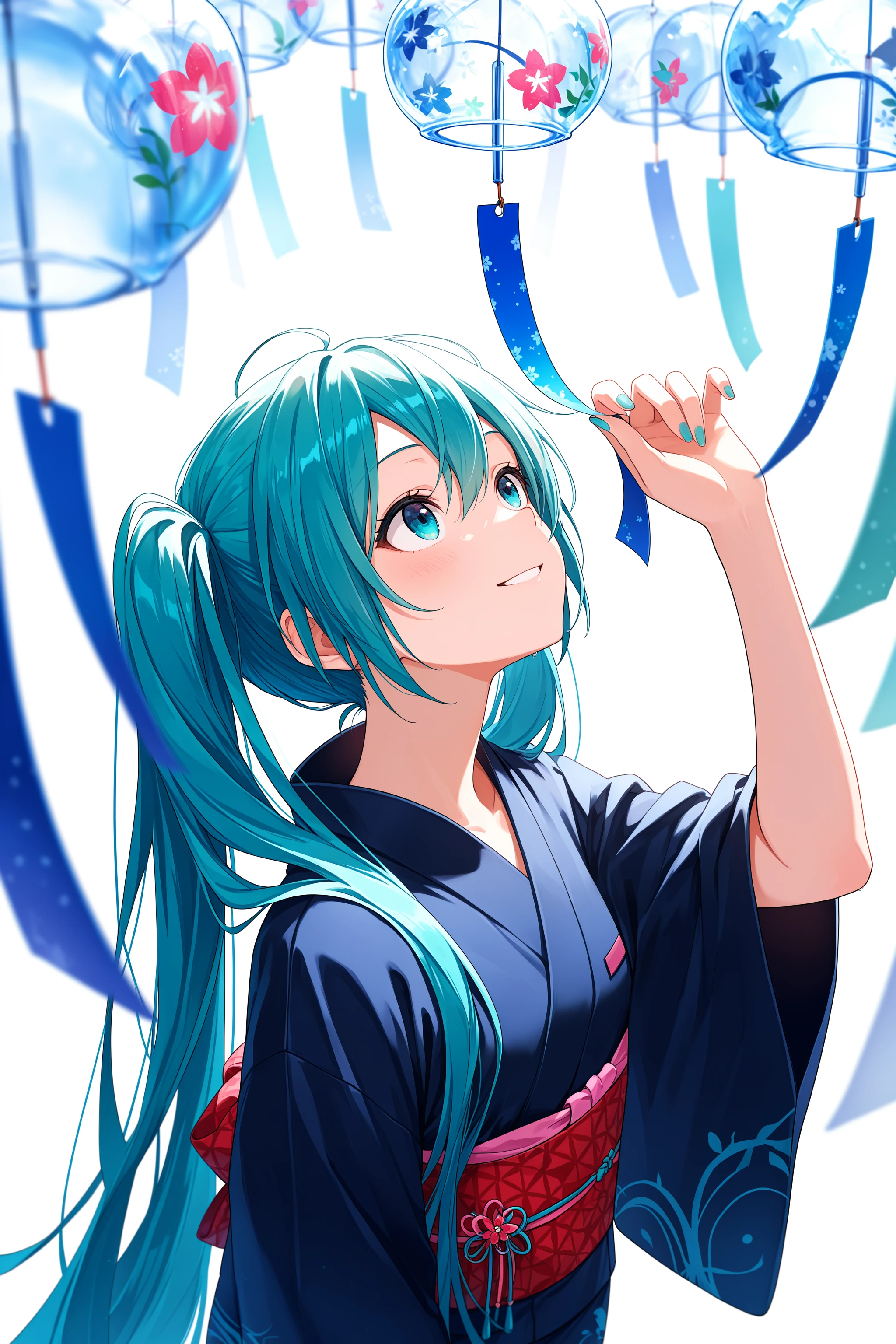 masterpiece, best quality, absurdres, safe
1girl, hatsune miku, wind chime, looking up, smile, kimono
depth of field, foreshortening, white background
<lora:many_wind_chime_il_2_d16:1>