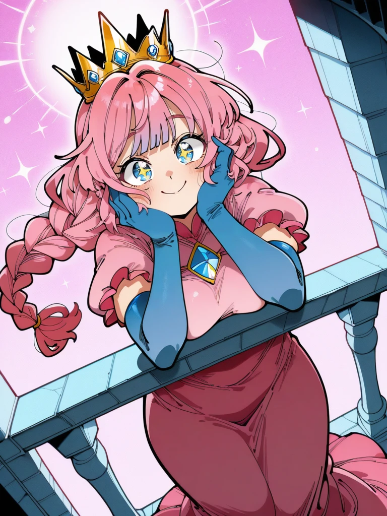 KafunXLP,,
1girl lay on balcony, princess pink dress, elbow gloves, blue eyes, crown, single braid, long skirt, medium breasts, looking at viewer, dynamic angle, cowboy shot, cute, cartoon, hands on face, hand on own cheek, cute pose, smile, blush, wide shot, sparkling eyes, magic vibes, bangs, floating hair,
<lora:KafunXLP_style-12:1>