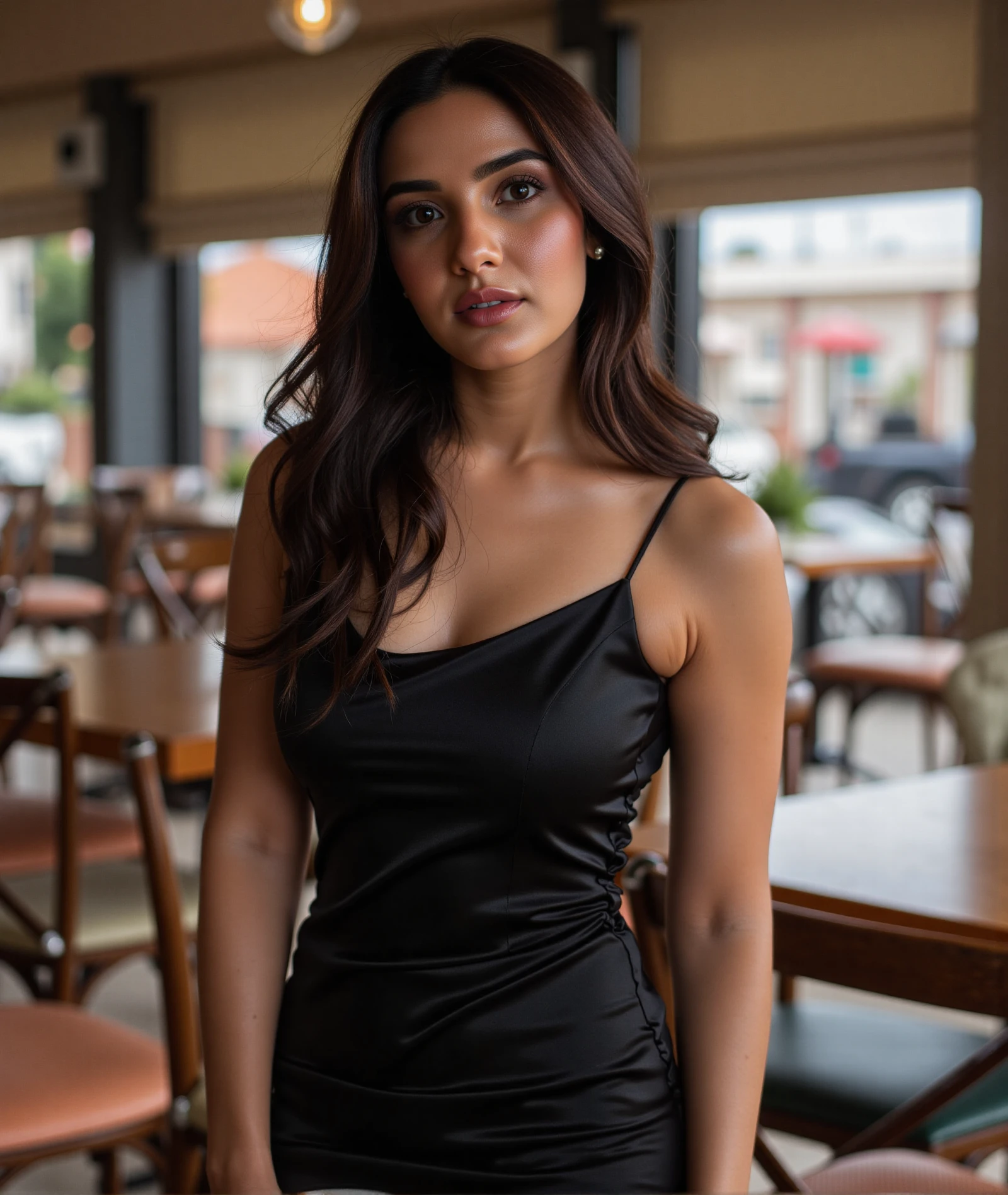 A close-up shot of a woman with long dark brown hair standing, a black satin dress in a cafe. Her eyes are wide open looking into the camera. and smooth straight long hair,jasb
