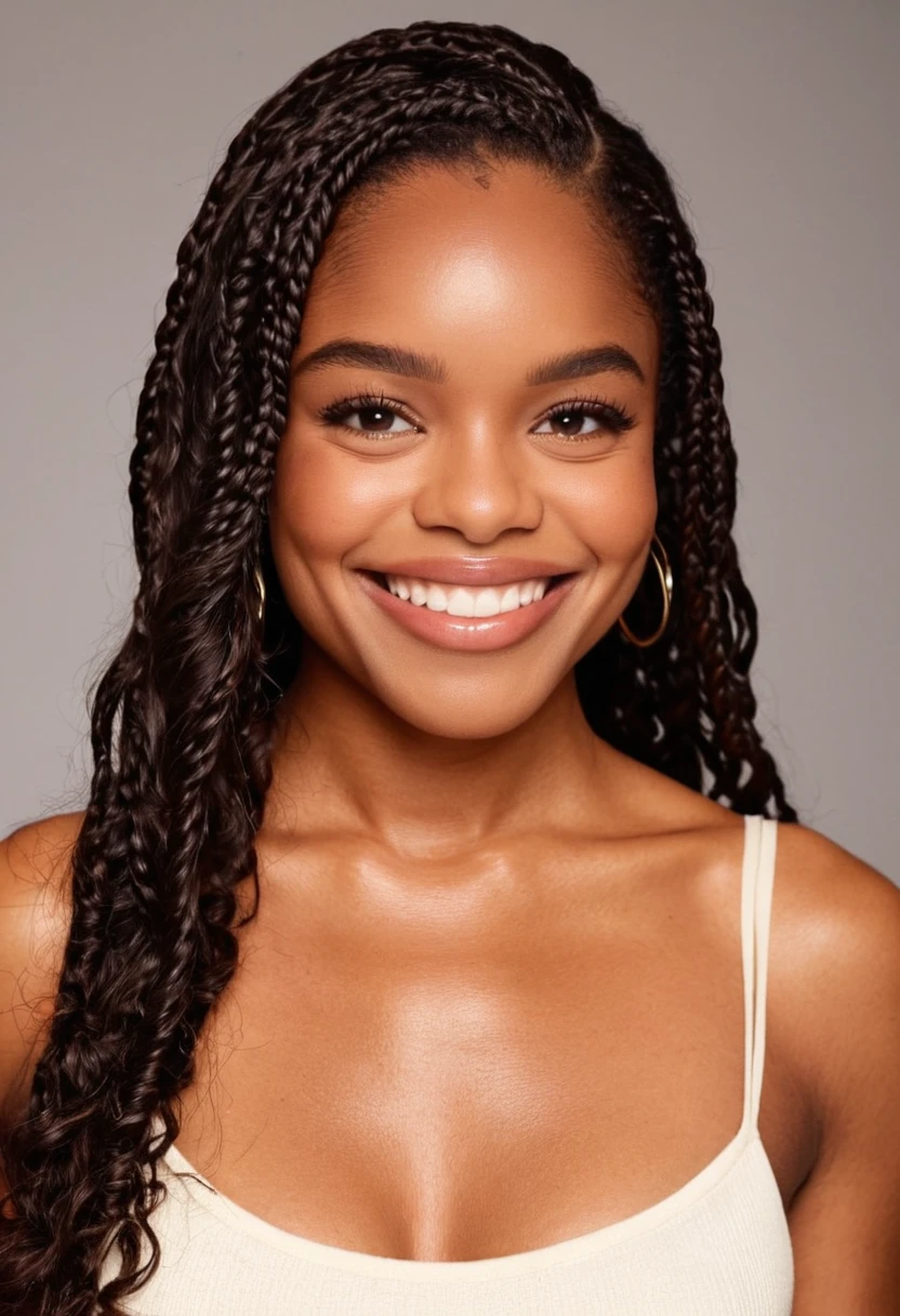 beautiful lady,big smile,hyperdetailed photography,soft light,head and shoulders portrait,cover,, (Height, Approximately 5 feet 2 inches (157 cm), giving her a petite and youthful stature:1), (Build, Slim and proportionate, with a natural, healthy figure that complements her age and personality:1), (Hair, Dark brown or black hair, often styled in versatile ways such as braids, curls, or sleek straight looks. She frequently experiments with fashionable hairstyles that highlight her modern, trendsetting vibe:1), (Eyes, Large, dark brown eyes that are warm and expressive, reflecting her playful, intelligent, and confident demeanor:1), (Skin, Smooth, rich brown complexion with a radiant and glowing appearance, showcasing her natural beauty:1), <lora:n1ybwMMdat:0.89>,n1ybwMMdat,