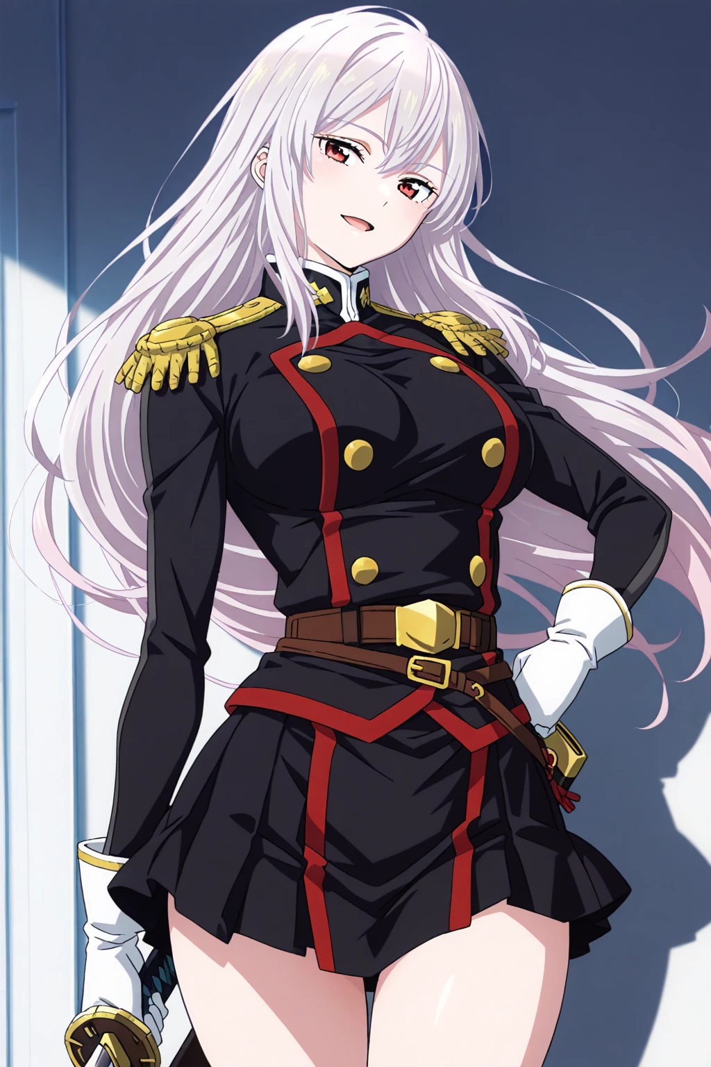 kyouka_uzen, 1girl, weapon, long hair, solo, sword, gloves, uniform, open mouth, belt, white hair, red eyes, military, holding, white gloves, military uniform, sheath, cowboy shot, seductive smile, <lora:KyoukaUzen-IllustXL:1>, (masterpiece),(best quality),(ultra-detailed),(best illustration),(best shadow),(absurdres),(detailed background),(very aesthetic),