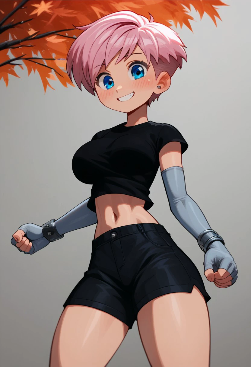 score_9, score_8_up, score_7_up, 1 girls, alisa, mangamaster artstyle , detailed eyes, hot girl, petite body, short pink hair, black t-shirt, grey elbow gloves, pixie haircut, baggy black shorts, dynamic pose, arching back, dynamic angle, fall tree, orange leaves, dramatic lighting, pixie haircut, mangamaster arstlye, detailed artstyle, black shirt, big breasts, cute smile, rim lighting, fingerless gloves, metalic bracelets, blushing, rariatto style, dull blue eyes