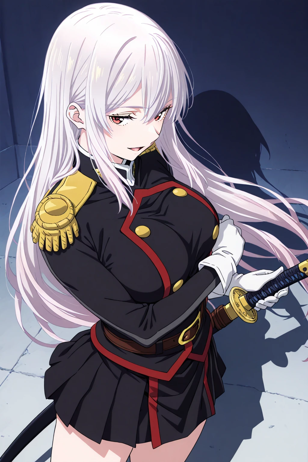kyouka_uzen, 1girl, weapon, long hair, solo, sword, gloves, uniform, open mouth, belt, white hair, red eyes, military, holding, white gloves, military uniform, sheath, cowboy shot, seductive smile, <lora:KyoukaUzen-IllustXL:1>, (masterpiece),(best quality),(ultra-detailed),(best illustration),(best shadow),(absurdres),(detailed background),(very aesthetic),