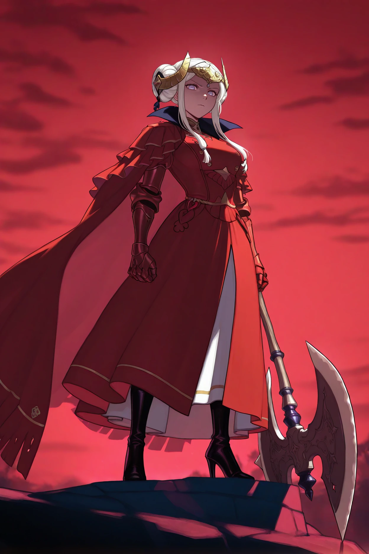 masterpiece, best quality, 1girl, solo, <lora:feedelgard-illu-nvwls-v1-000006:1> timeskipedel, white hair, double bun, sidelocks, purple eyes, gold headpiece, gold crown, red cloak, red dress, long dress, long skirt, red gauntlets, high heel boots, standing, holding massive axe, serious, chiaroscuro, night, red sky, looking at viewer