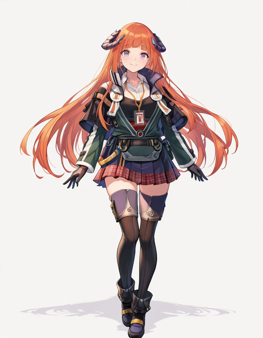(masterpiece), (best quality), (ultra-detailed), masterpiece, score_9, score_8_up, score_7_up, source_anime BREAK, illustration, disheveled hair, detailed eyes, perfect composition, moist skin, intricate details, Bagpipe, very long hair, orange hair, purple eyes, bagpipe_horns BREAK, Default, bagpipe_shirt, bagpipe_jacket, bagpipe_gloves, bagpipe_id card, bagpipe_shkirt, pleated skirt, bagpipe_thighhighs, bagpipe_boots BREAK, white background, looking at viewer, full body, smile