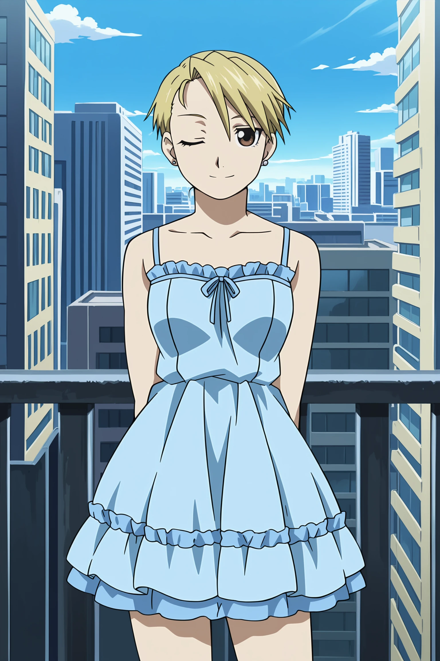 anime screencap, anime coloring, detailed face,
 <lora:Riza_Hawkeye_Fullmetal_Alchemist:.7>
outside, in a city,
riza hawkeye, 1girl, solo, blonde hair, very short hair, brown eyes, cute frilly dress, earrings, jewelry, bare legs, looking at the viewer, smile, ;), wink, cowboy shot
