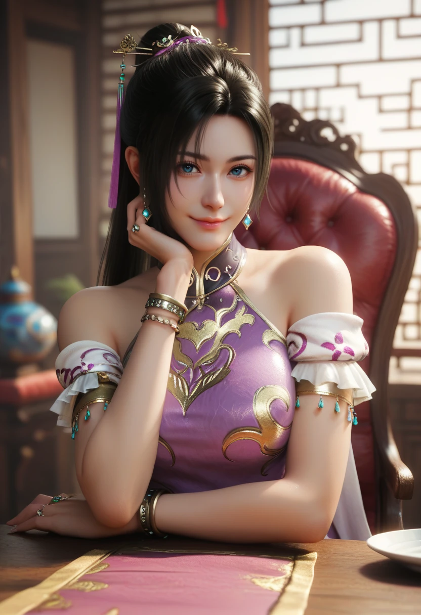 score_9_up, score_8_up, score_7_up, score_6_up, score_5_up, score_4_up,realistic, strong lighting,
1girl, solo, portrait, 
 <lora:Diaochan [pony]:0.6> diaochan, 1girl, jewelry, earrings, black hair, blue eyes, long hair, ponytail, hair ornament||, bare shoulders, dress, purple dress, bracelet, chinese clothes, || puffy pants, pink shoes,
glistening eyes, glossy lips, 
sits, table, chair, crossed legs, arm rest, head on hand, head resting on hand, looking at viewer, smile,