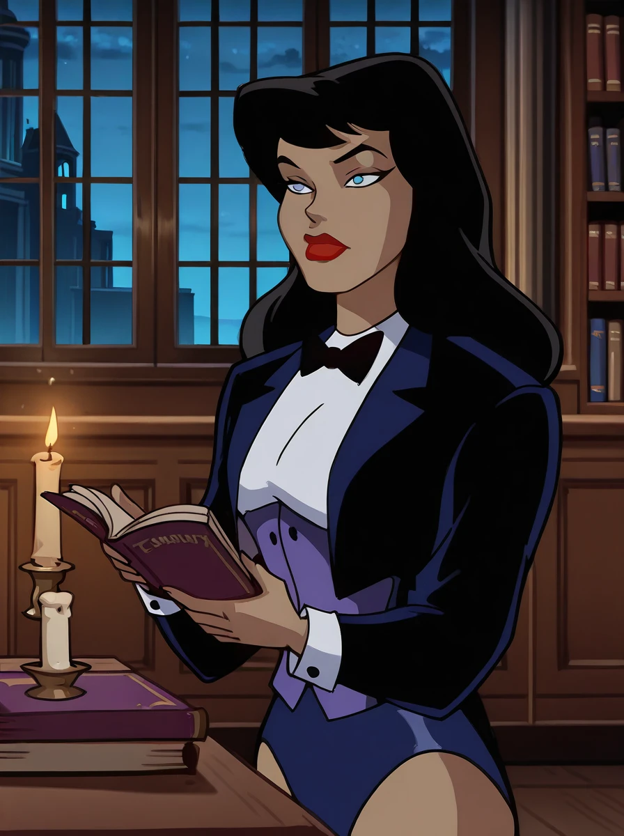 <lora:Zatanna_-_Batman_Animated_Illustrious_v2:0.9>, <lora:takeda_hiromitsu_style_illustrious_goofy:0.6>, <lora:dcau234-illu3_r1:0.3>, zanbtas, seated, bright blue eyes, black hair, tuxedo jacket, white shirt, purple cummerbund, black bowtie, blue bikini bottom, lipstick, makeup, red lips, ancient library, seated, table, reading tome, window, night, candlelight