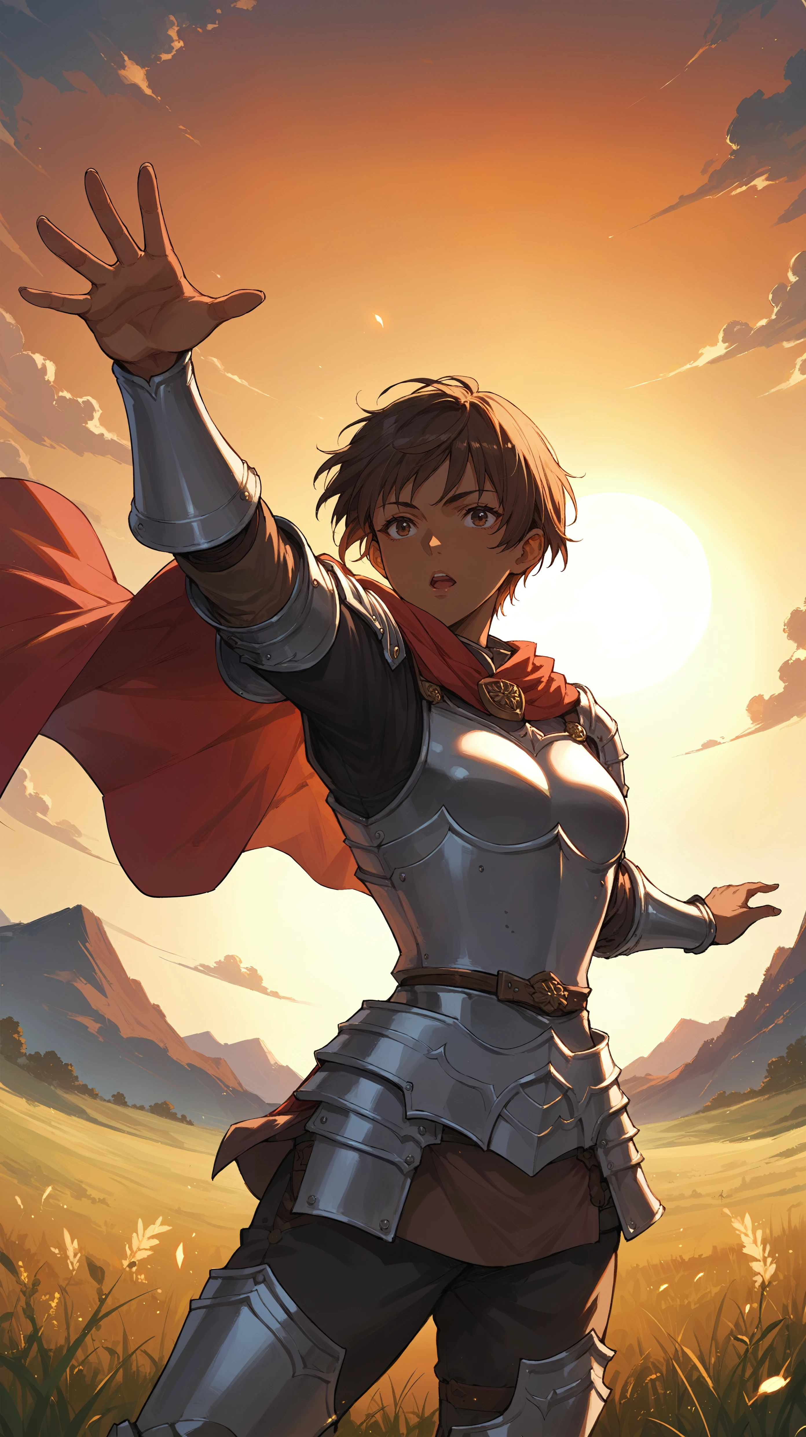 score_9,score_8_up,score_7_up,score_6_up, <lora:xl_more_art-full_v1:0.5>, source_anime, girl, dynamic pose, outstretched hand, <lora:Casca - Pony-000004:0.8>, short hair, brown hair, dark skin, brown eyes, armor, breastplate, shoulder pads, armor, red cloak, open field, sunset,