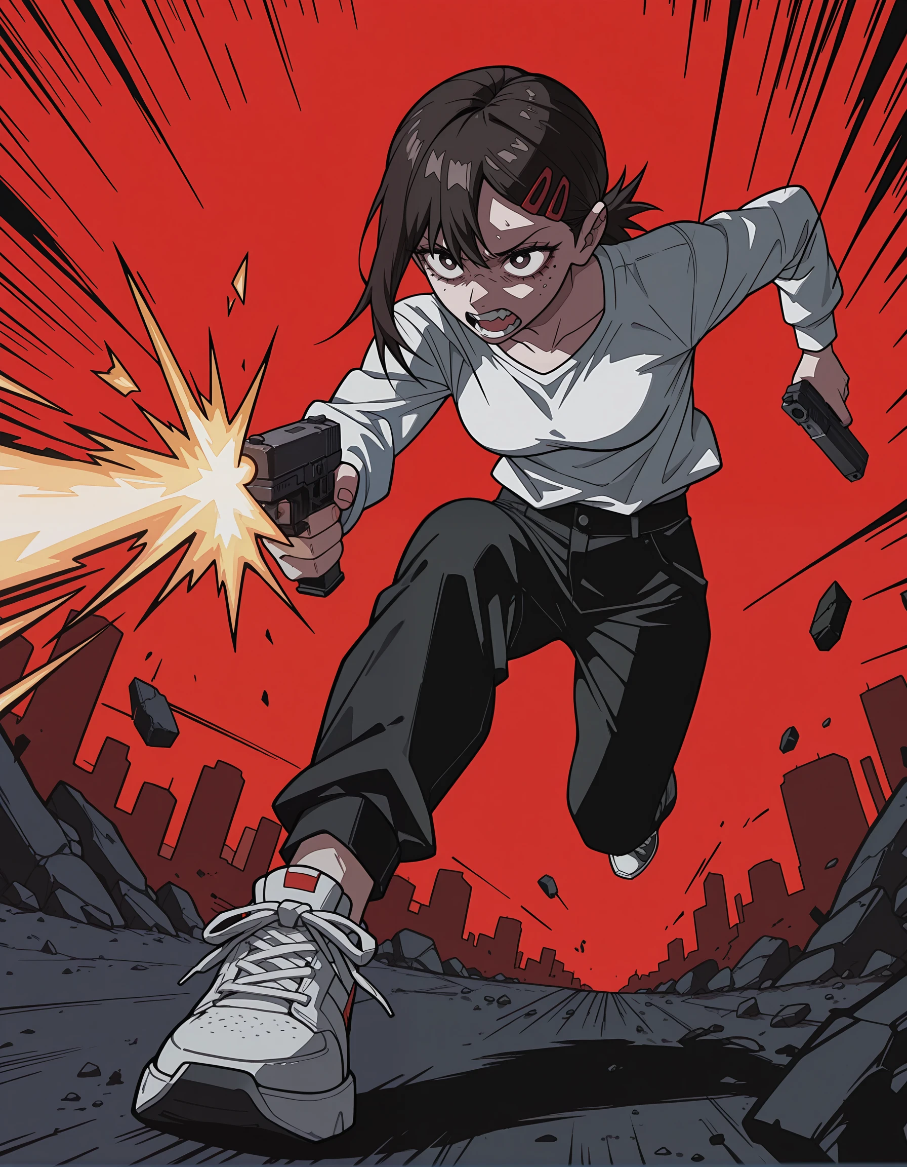 incredibly absurdres, masterpiece, absurdres, high quality,7A3IFRHPR_illu, <lora:hwm4to7A3IFRHPR:1>,higashiyama kobeni, Anime style, stylized character, firing,dynamic action, white shirt, dark pants, sneakers, spiky black hair, red background,running, dynamic composition, holding glock, aggressive expression, sharp angles, cartoon aesthetics, urban youth, dramatic lighting, high contrast, digital illustration, vector art style, bold colors, action-packed scene,abstract element,