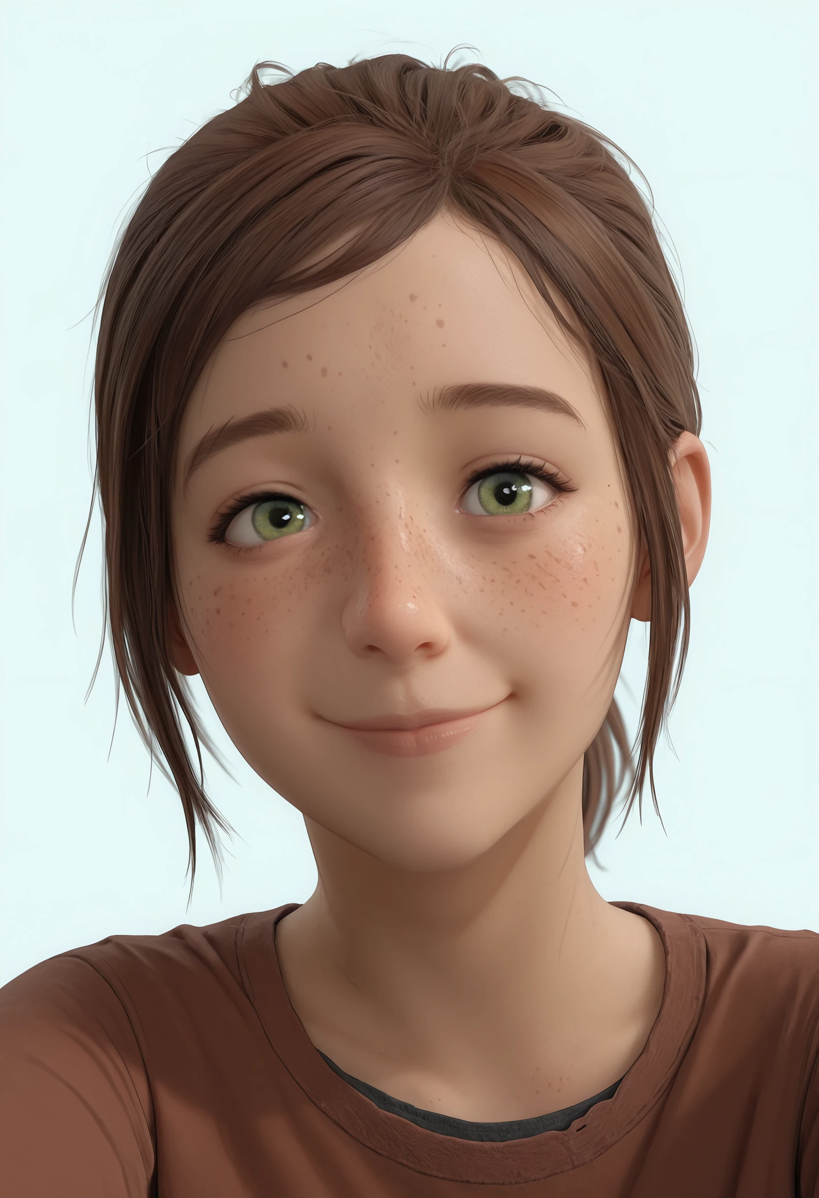 masterpiece, best quality, amazing quality, very aesthetic, absurdres, newest, <lora:EllieTLOU1ILf:0.8> ellif, 1girl, brown hair, short hair, ponytail, green eyes, freckles, happy, smile, shirt, looking at viewer, front view, close-up,
light blue background,