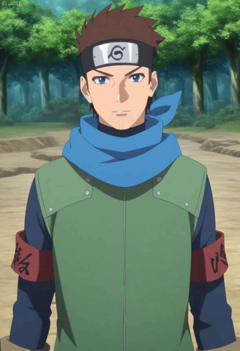 (score_9, score_8_up, score_7_up), 1boy, Konohamaru, Konohamaru Boruto, male, muscular male, long blue dark sleeve, solo, outdoors, blue eyes , male, solo, looking at viewer, perfect face:01, official style, official art, ninja, jacket, blue scarf, brown hair, armband, headband