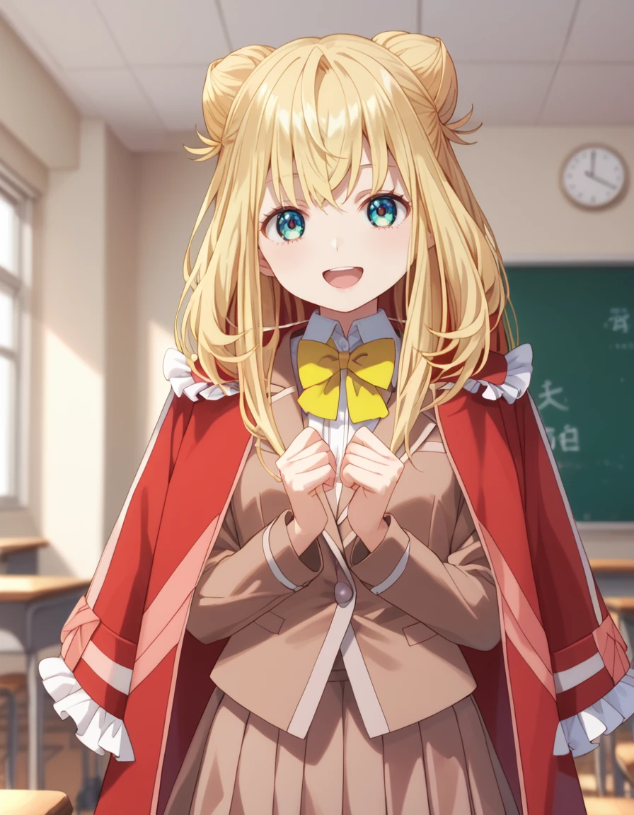 score_9, score_8_up, score_7_up, source_anime, BREAK
1girl, solo, blurry background, looking at viewer, cowboy shot, simple background, classroom, headtilt, happy, hands together,
yuri kawazu (momentary lily), long hair, blonde hair, hair bun, double bun, sidelocks, blue eyes, green eyes, open mouth,
school uniform, red capelet, frills, pink blazer, white collared shirt, yellow bowtie, long sleeves, pleated skirt,
<lora:yuri_kawazu-momentary_lily_s1-pxl-anime-soralz:1>