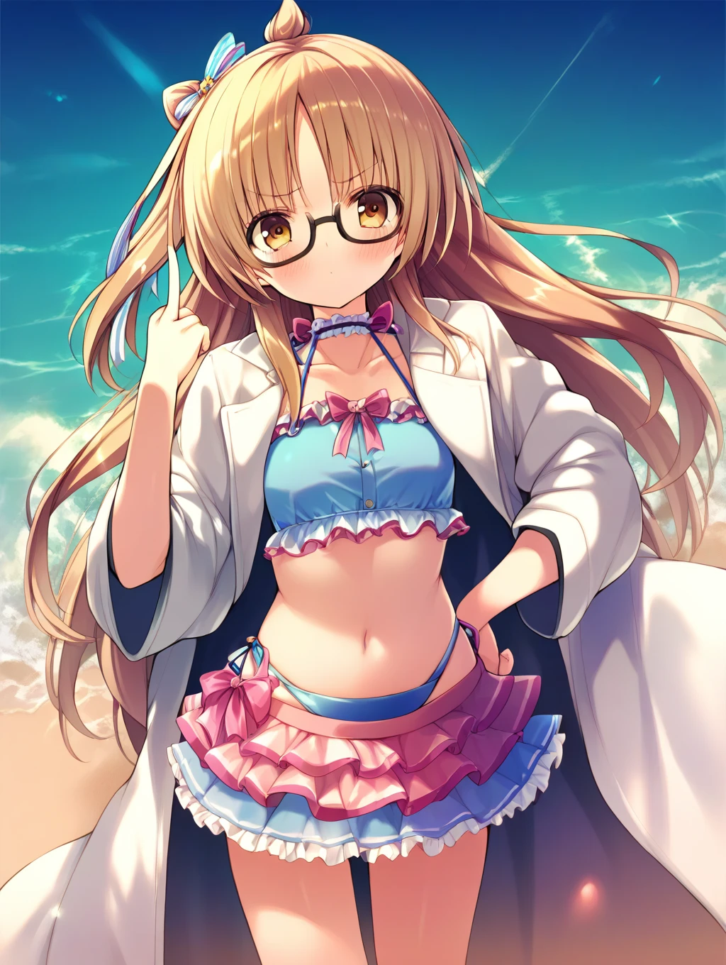 score_9,score_8_up,score_7_up,(masterpiece,best quality,ultra_detailed,highres,absurdres:1.2),(zPDXL3),source_anime,<lora:Ayatsuji Hiyori_pony xl_v1-000012:0.8>,1girl,beach,swimsuit,long hair,solo,bikini,frilled bikini,navel,frills,blonde hair,yellow eyes,looking at viewer,bikini skirt,one side up,blue bikini,ribbon,bow,blush,ayatsuji hiyori,black-framed eyewear,hand on own hip,white coat,double middle finger,buttons,