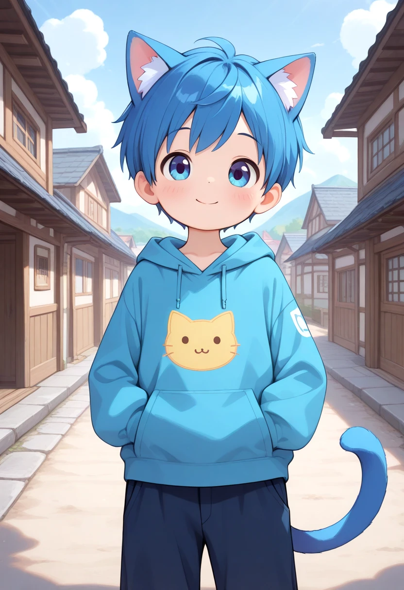 <lora:cutifiedanimecharacterdesign_variant_type_G_IL_v10:1>
straight on shot, standing,detailed eyes, village,
1boy, type-g, cat boy, blue hair, happy pose, loved face expression, outdoor, tail, hoodie, hood down, hands in pocket, long pants