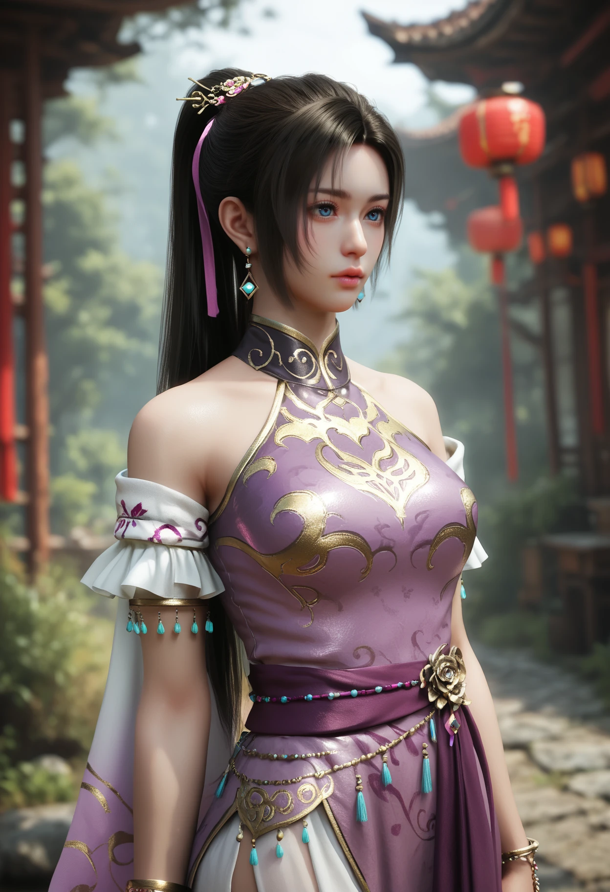 score_9_up, score_8_up, score_7_up, score_6_up, score_5_up, score_4_up,realistic, strong lighting,
1girl, solo, portrait, 
 <lora:Diaochan [pony]:0.6> diaochan, 1girl, jewelry, earrings, black hair, blue eyes, long hair, ponytail, hair ornament||, bare shoulders, dress, purple dress, bracelet, chinese clothes, || puffy pants, pink shoes, 
glistening eyes, glossy lips,
