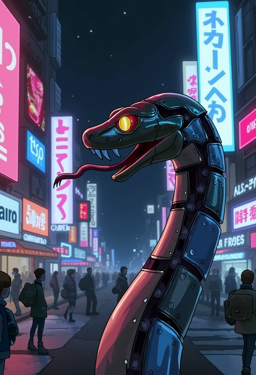 <lora:dvr-sn4k3j4zz-flux-000015:1> sn4k3j4zz, an anthropomorphic snake, cyberpunk, designed by Irving Penn, concept art, roots, Fashion shot of a cyborg voluptuous (Helena Christensen:1.3) , background is night city, neon-lit, captivating pose, futuristic, RAW photo, technology, neon hue, shadowrun, deep aesthetic, highly decorated, dynamic dramatic atmosphere, perfect symmetry, glossy, professional fine composition