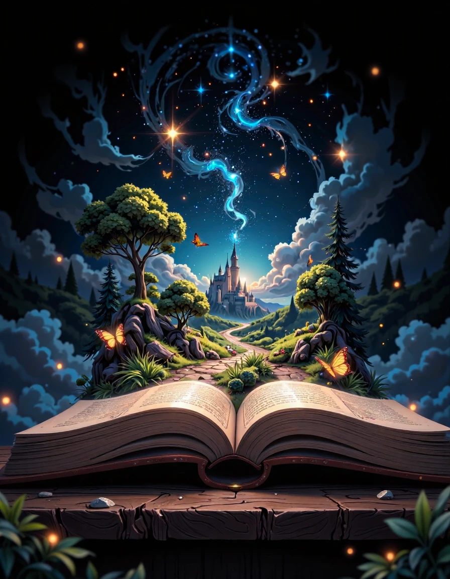 The image is a digital illustration of an open book with a dark background. The book is lying on its side on a wooden surface, with the pages facing towards the right side of the image. The pages of the book are open, revealing a beautiful landscape with trees, plants, and a castle in the background. There are also a few butterflies flying around the book, adding to the magical atmosphere. The sky is filled with stars and sparkles, creating a magical and mystical feel. The overall color scheme is dark and moody, with a mix of blues, greens, and yellows.