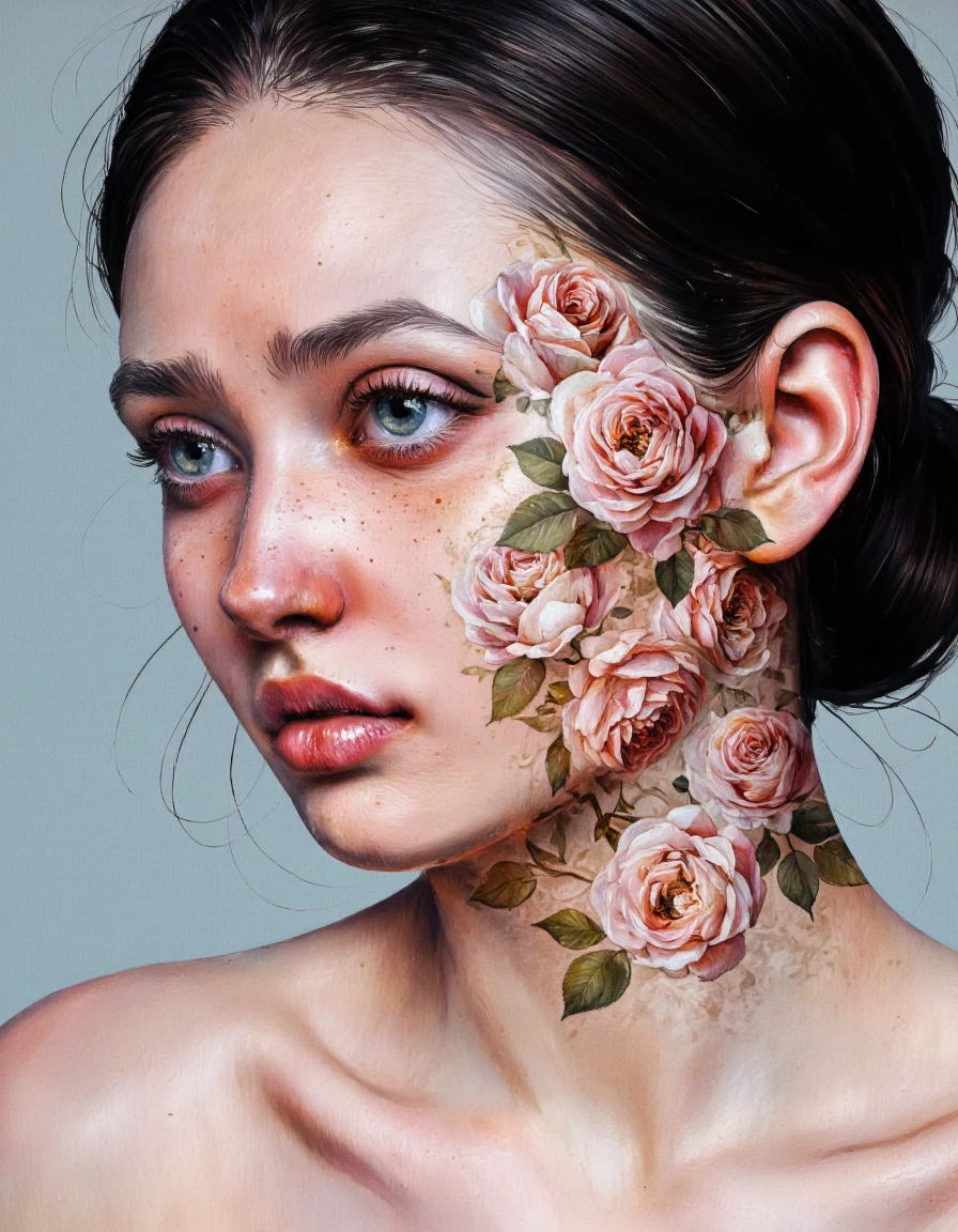 By Laura H. Rubin. A highly detailed digital artwork depicting a close-up of a woman's face and shoulders. The subject has fair skin with a rosy blush, freckles, and a natural, slightly dewy complexion. Her eyes are striking, with a deep blue iris and long, dark lashes. The woman's expression is intense and contemplative, with a slight downward tilt to her lips. Her dark hair is pulled back, with loose strands framing her face.
Her face is adorned with an intricate floral pattern, primarily featuring large, pink roses with delicate petals and green leaves. The flowers are painted seamlessly onto her skin, blending into the background and adding a surreal, almost otherworldly quality to the image. The background is a soft, muted blue, which contrasts with the vibrant flowers and the subject's skin tone. The texture of the skin is smooth and realistic, while the flowers have a slightly glossy finish, enhancing their lifelike appearance. The overall style of the artwork is a blend of hyperrealism and surrealism, combining naturalistic elements with fantastical embellishments. The image is highly detailed and meticulously crafted, with a focus on the interplay between the subject's features and the floral patterns. <lora:Laura_H._Rubin_II:0.8>