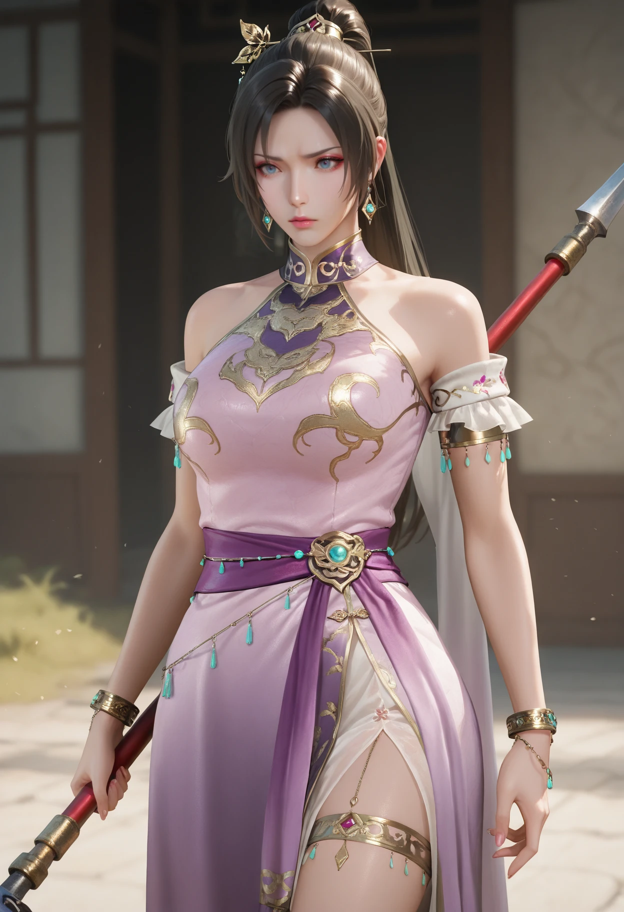 masterpiece, best quality, realistic,
1girl, solo,
 <lora:Diaochan [IL]:0.7> diaochan, 1girl, jewelry, earrings, black hair, blue eyes, long hair, ponytail, hair ornament||, bare shoulders, dress, purple dress, bracelet, chinese clothes,
holding weapon, polearm, 
fight scene,