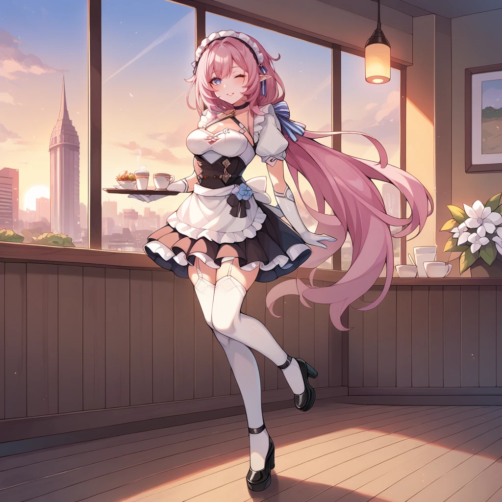 score_9_up, score_8_up, score_7_up, source_anime, 1girl, solo, sun, day, clouds, sky, cafe, windows, cityscape, holding tray, food on tray, wink, cheerful smile, indoors, parted lips, looking at you, bend knee, full body, angled shot, walking, on one leg, sweat drop, cafe interior, ceiling lamp, cafe counter, tea set, high heels, alt black footwear, platform footwear, elysia (honkai impact), Elys, Fol001, Ely_Maid, pointy ears, long hair, low ponytail, pink hair, blue eyes, maid headdress, alt halterneck, white flower, alt side cutout, clothing cutout, black corset, corset, puffy short sleeves, white sleeves, elbow gloves, white gloves, frilled skirt, black skirt, white apron, white bra, striped ribbon, black choker, white thighhighs, garter straps,