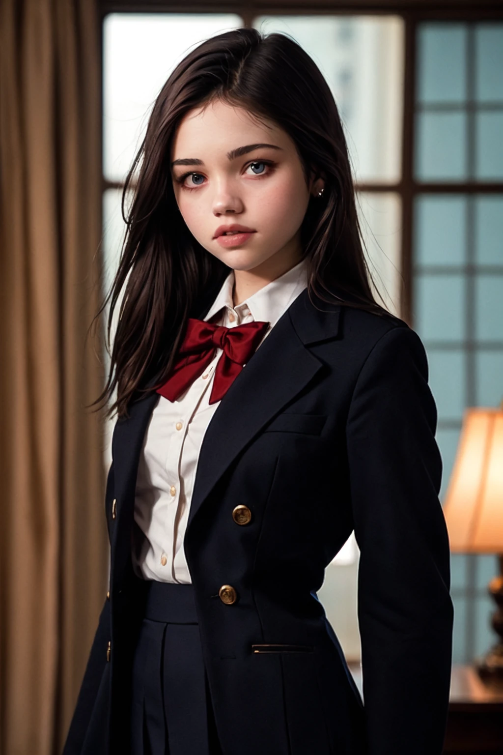 RAW photo, <lora:India Eisley:0.9>,India Eisley,shuujin_academy_uniform,., 8k uhd, dslr, soft lighting, high quality, film grain, Fujifilm XT3