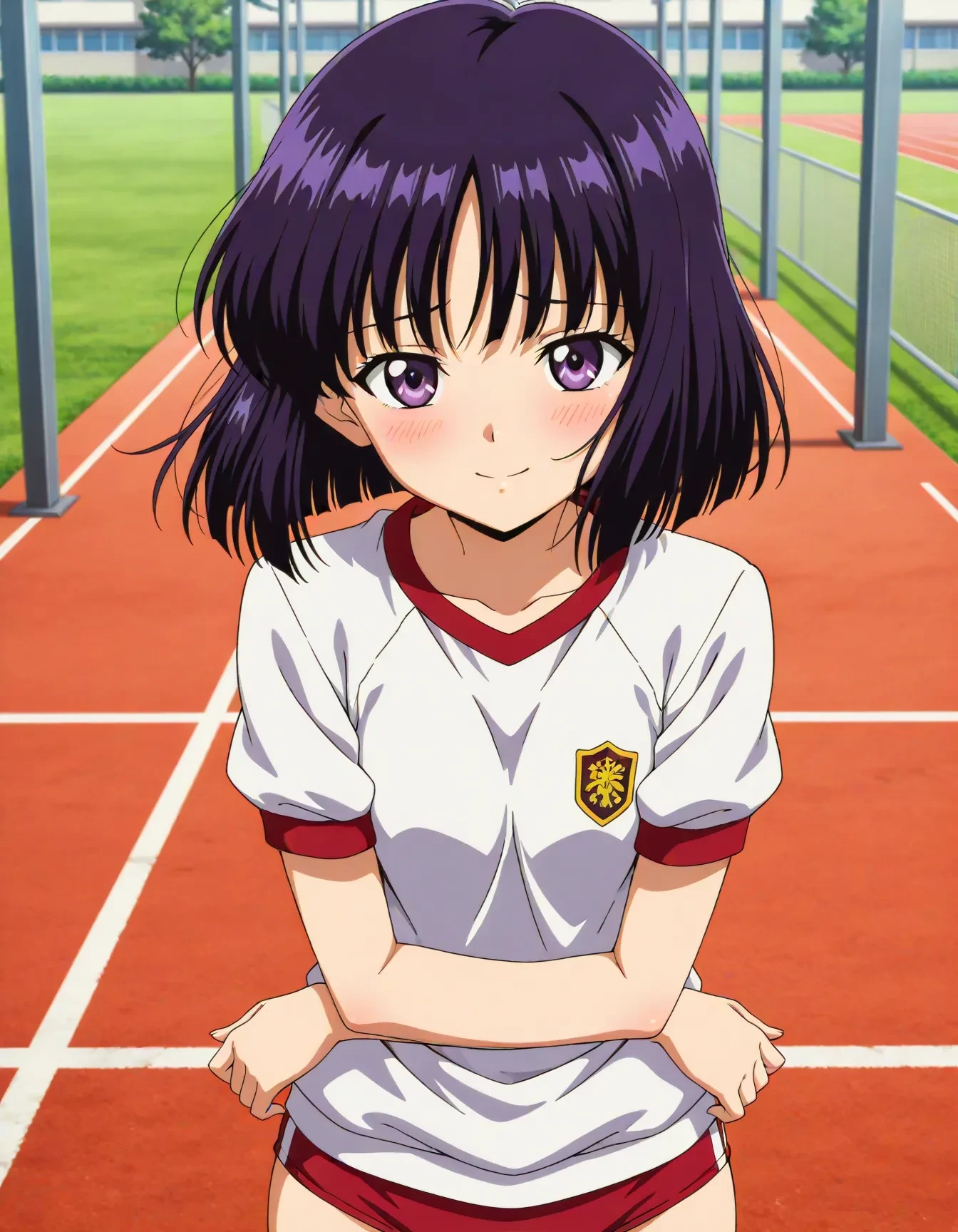 <lora:dmd2_sdxl_4step:1>,official style,masterpiece,best quality,newest,absurdres,highres,very awa,Anime,anime coloring,anime screencap,standing,<lora:Sailor_Saturn_V3:0.5>,tomoe hotaru,solo,purple eyes,short hair,purple hair,small breasts,smile,light_blush,shy,stylish_pose,crossed_arms,gym_uniform,