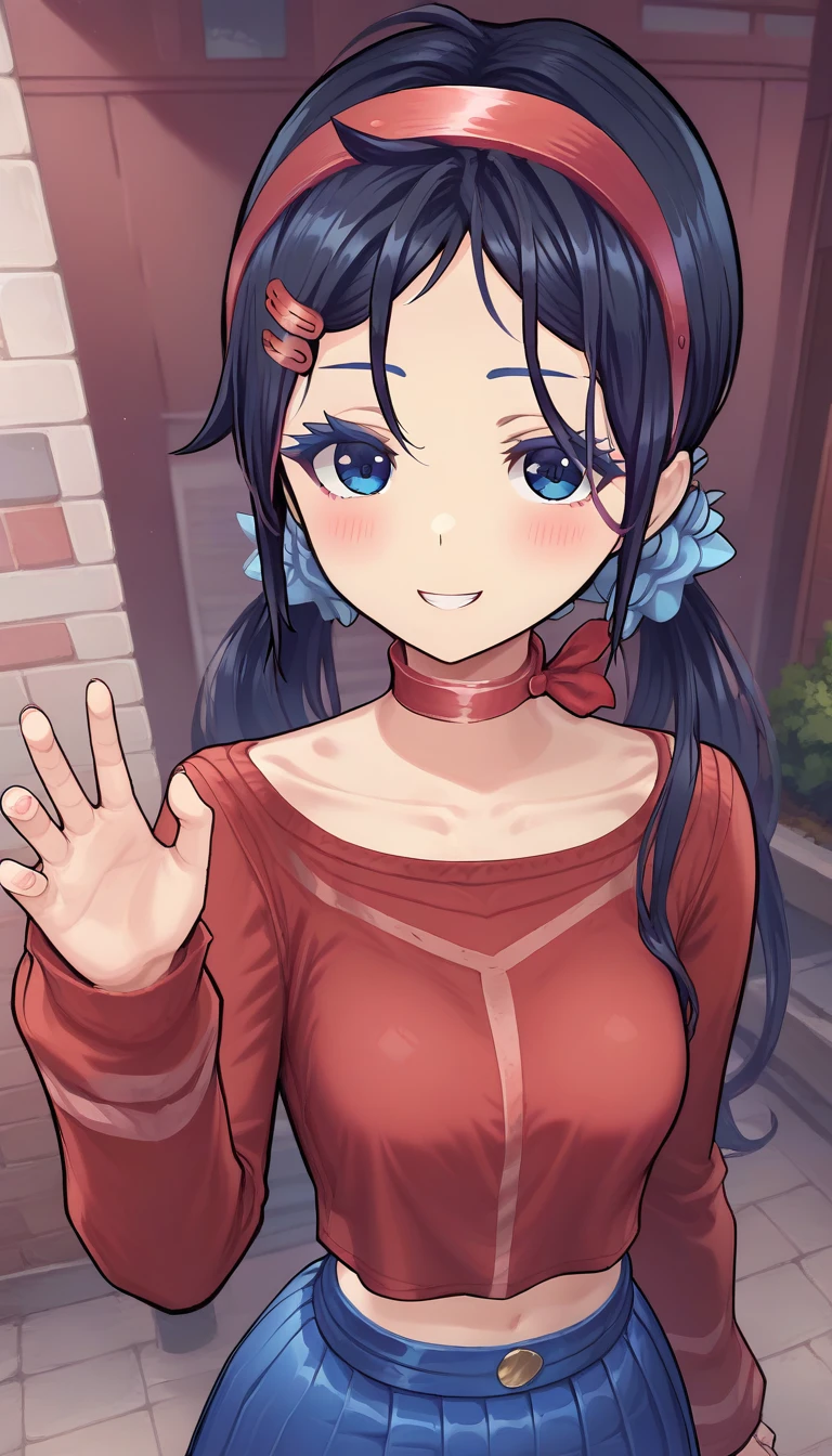 score_9,score_8_up,(masterpiece),best quality,amazing quality,very aesthetic,absurdres,newest,perfect body,shiny skin,perfect eyes,detail1eye,well-defined fingers,well-defined fingernails,official art,outdoors,upper body,(portrait:1.5),looking at viewer,facing viewer,smile,blush,Crazy Mita,long hair,black hair,low twintails,red hairband,hair ornament,hair scrunchie,blue scrunchie,hairclip,sidelocks,parted bangs,blue eyes,red choker,collarbone,red shirt,midriff,medium breasts,long sleeves,miniskirt,blue skirt,pleated skirt,red thighhighs,zettai ryouiki,mary janes,blue footwear,<lora:Mita(miside)-Pony-Remake:1.8>,
