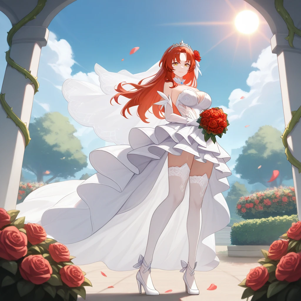 masterpiece, best quality, ultra-detailed, very aesthetic, detailed background, year 2023, very aesthetic, newest, scenery, highres, 4k, absurdres, 8k, colorful,vibrant, glowing, perfect face, 2d, perfect eyes, detailed eyes,
1girl, solo, garden, flowers, flower bushes, white terrace, outdoors, trees, vines, detailed background, day, sun, sky, clouds, standing, wedding, petals, holding bouquet, looking at viewer, full body, white high heels, sweet smile, closed mouth, slight blush, angled shot, long hair, red hair, yellow eyes, murata himeko, mature body, HimekoHi3, Fol002, Hmk_Wed, wedding dress, white dress, cleavage, alt white thighhighs, frilled skirt, layered skirt, white skirt, veil, tiara, jewelry, red rose, alt detached collar, alt long gloves, white gloves, bare shoulders, strapless dress, hair flower,