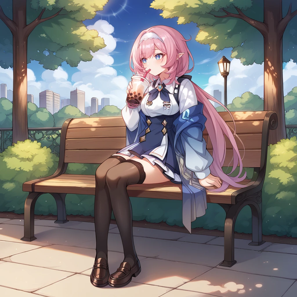score_9_up, score_8_up, score_7_up, source_anime, 1girl, solo, sun, day, clouds, sky, park, holding boba tea, drinking straw in mouth, drinking, bushes, trees, nature, stone path, street lamp, sitting on bench, full body, arm rest, looking to side, black loafers, elysia (honkai impact), Elys, Fol001, Ely_Bte, pointy ears, long hair, low ponytail, pink hair, blue eyes, alt white shirt, collared shirt, long sleeves, alt white sleeves, blue shawl, shawl, high-waist skirt, dark blue skirt, alt frilled skirt, alt black ribbon, alt ribbon, neck ribbon, alt hairband, black thighhighs, hair ribbon, shoulder straps,