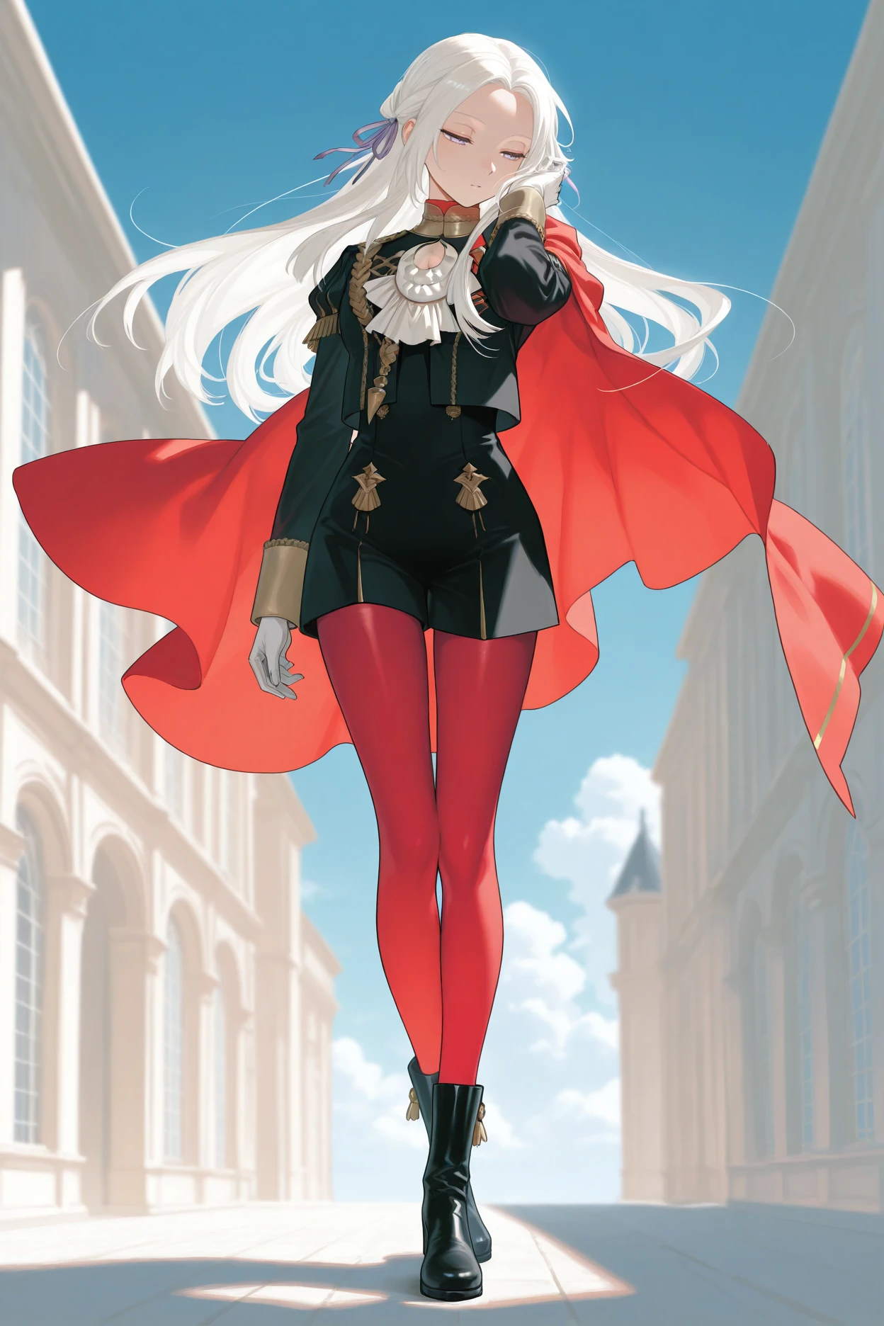 masterpiece, best quality, 1girl, solo, <lora:feedelgard-illu-nvwls-v1-000006:1> dfltedel, long hair, half updo, white hair, sidelocks, purple eyes, hair ribbon, purple ribbon, red cape, side cape, black jacket, white ascot, black shorts, high-waist shorts, red pantyhose, white gloves, black boots, hair flip, half-closed eyes, hand in hair, blue sky, clouds, victorian architecture, standing, full body