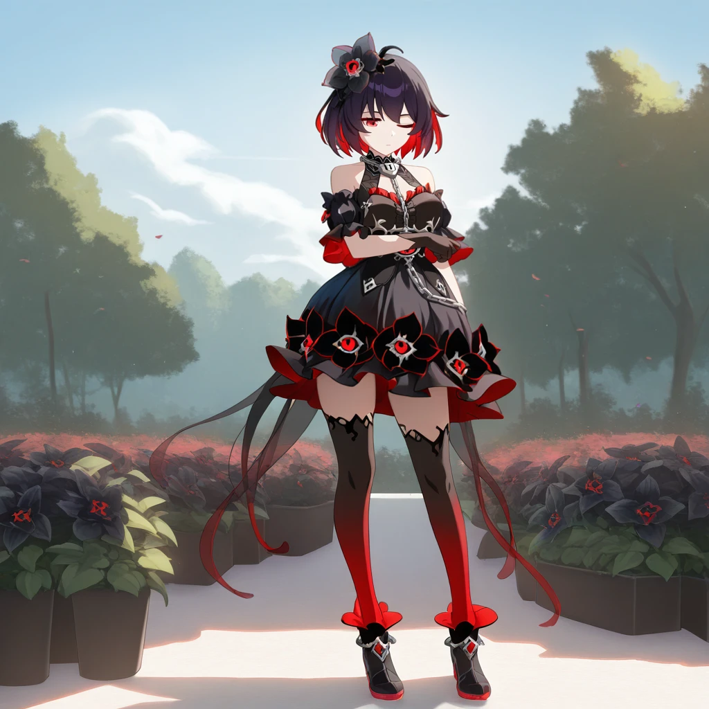 masterpiece, best quality, ultra-detailed, very asthetic, year 2023, very aesthetic, newest, scenery, highres, 4k, absurdres, 8k, colorful,vibrant, glowing, perfect face, 2d, perfect eyes, detailed eyes, 1girl, solo, garden, flowers, flower bushes, white terrace, outdoors, trees, vines, detailed background, day, sun, sky, clouds, standing, arm under breasts, black ankle boots, holding flower, looking down to side, full body, posing, bored uninterested, one eye closed, red eyes, short hair, seele vollerei, SelVel, Fol002, Sel_Sve, black hair, red hair, colored inner hair, alt halter dress, black dress, chain between breasts, chain, lock, keyhole, chain necklace, black halterneck, alt flower-trimmed dress, alt cleavage cutout, eye symbol, center frills, black flower, alt hair flower, black detached sleeves, alt puffy short sleeves, alt asymmetrical gloves, black gloves, gradient thighhighs, dark red thighhighs, alt bubble skirt, alt black skirt, bare shoulders, alternate corset, alt black corset, alt frilled bra, black bra,masterpiece, best quality, ultra-detailed, very aesthetic, newest, scenery, absurdres, perfect anatomy, perfect legs, perfect face, perfect eyes,