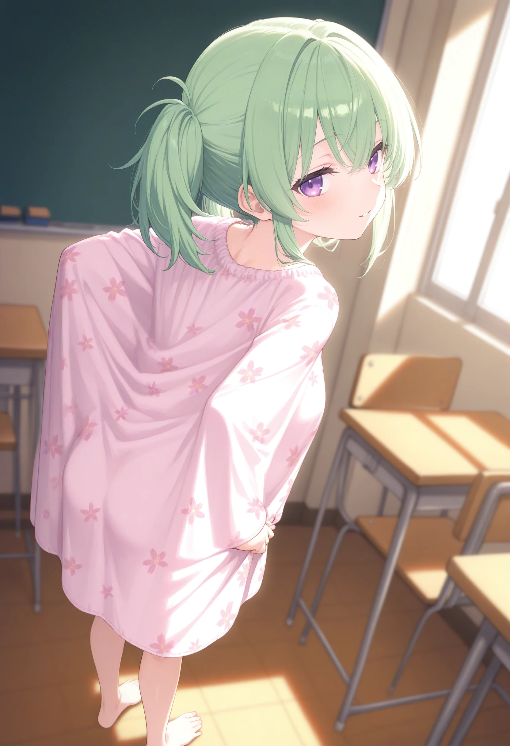 1girl,(sho \(sho lwlw\):0.7),(toosaka asagi:0.5),(sincos:0.3),solo,
masterpiece, best quality, newest, absurdres, CG, anime, source anime, illustration,medium breasts,
wrap towel, classroom, blush, indoors, barefoot, school desk, undressing, chair, <lora:wraptowel_Illust_v1:0.8>
standing,floral print,
from behind, cinematic angle, looking back, green hair, purple eyes,seductive smile, parted lips, split ponytail hair,,
